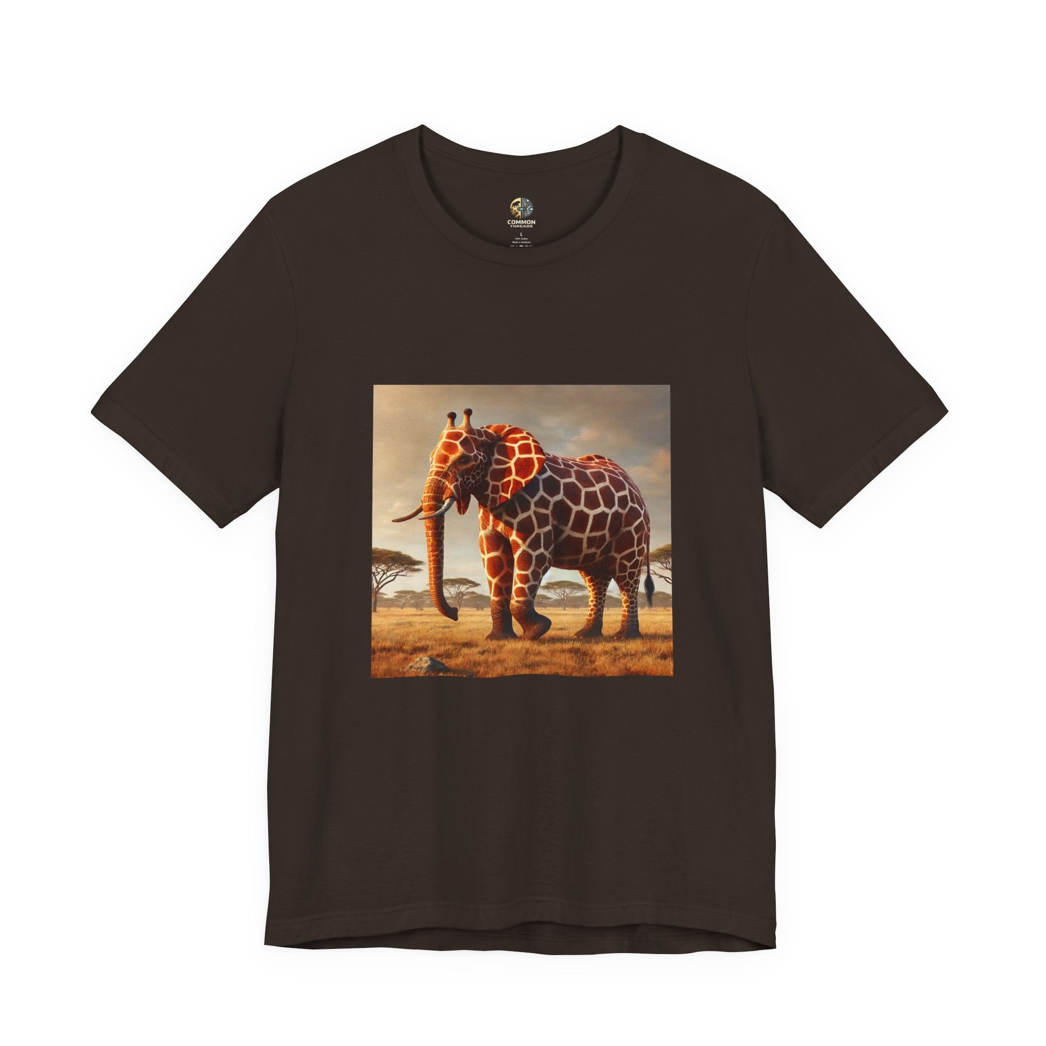 Brown T-shirt featuring a graphic of an elephant–giraffe hybrid with giraffe patterns and small ossicones, set against a savanna background