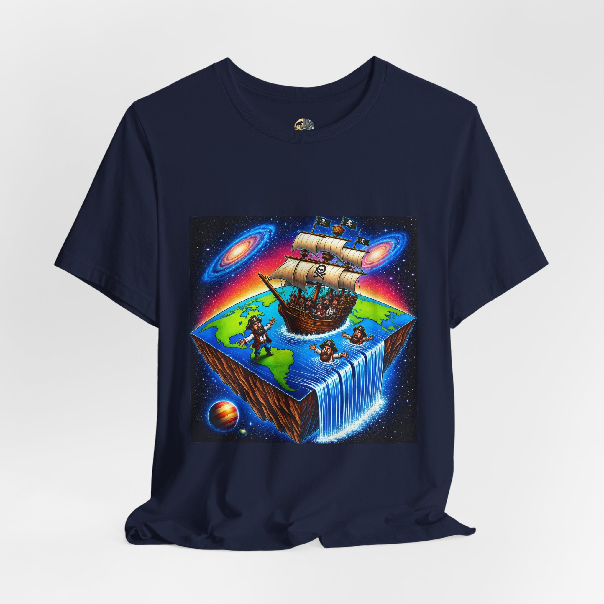 Navy blue T-shirt featuring a graphic of pirates on a ship sailing toward the edge of a flat Earth with a large waterfall into space