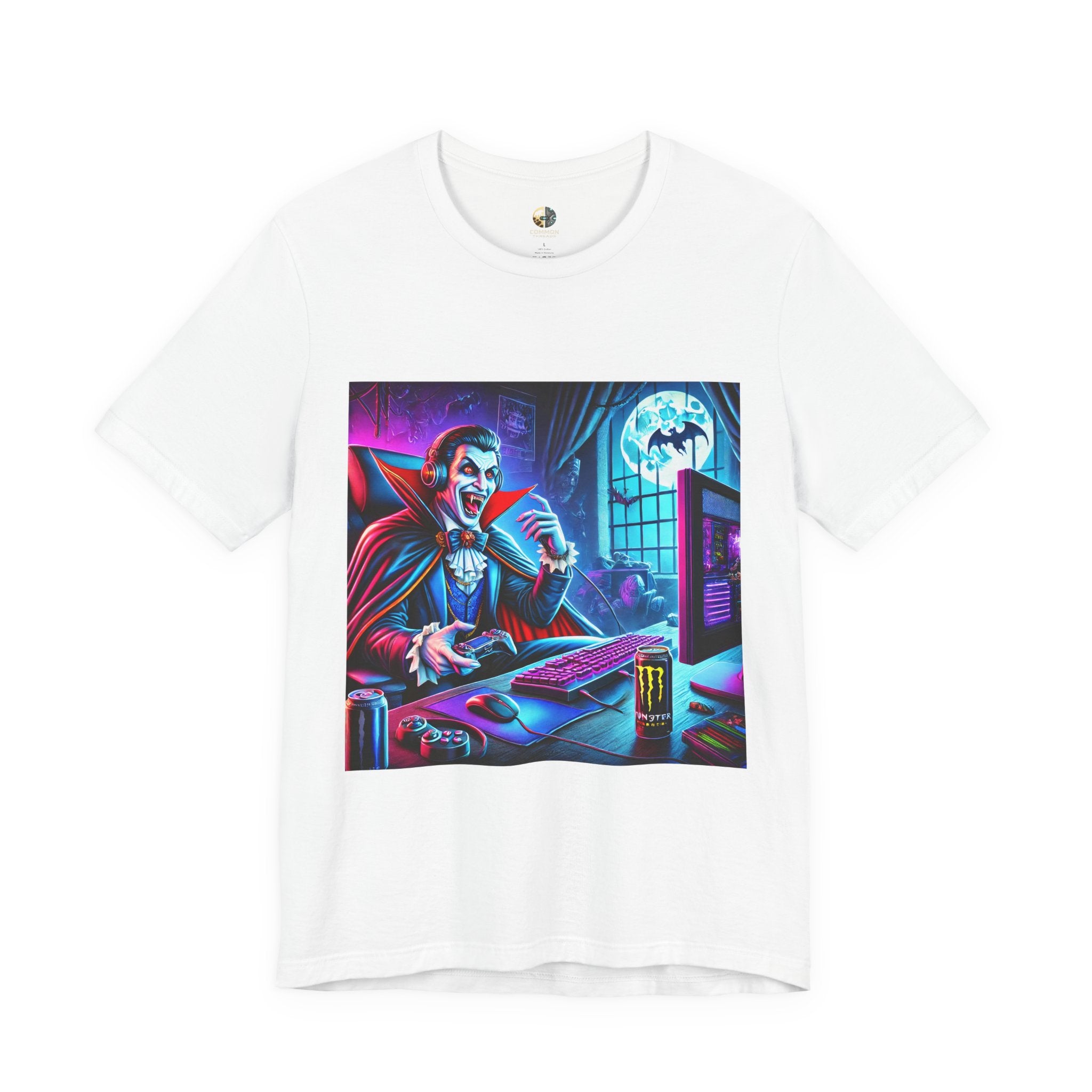 White T-shirt graphic of a classic vampire wearing a gaming headset and holding a controller at a neon-lit gaming setup under a full moon