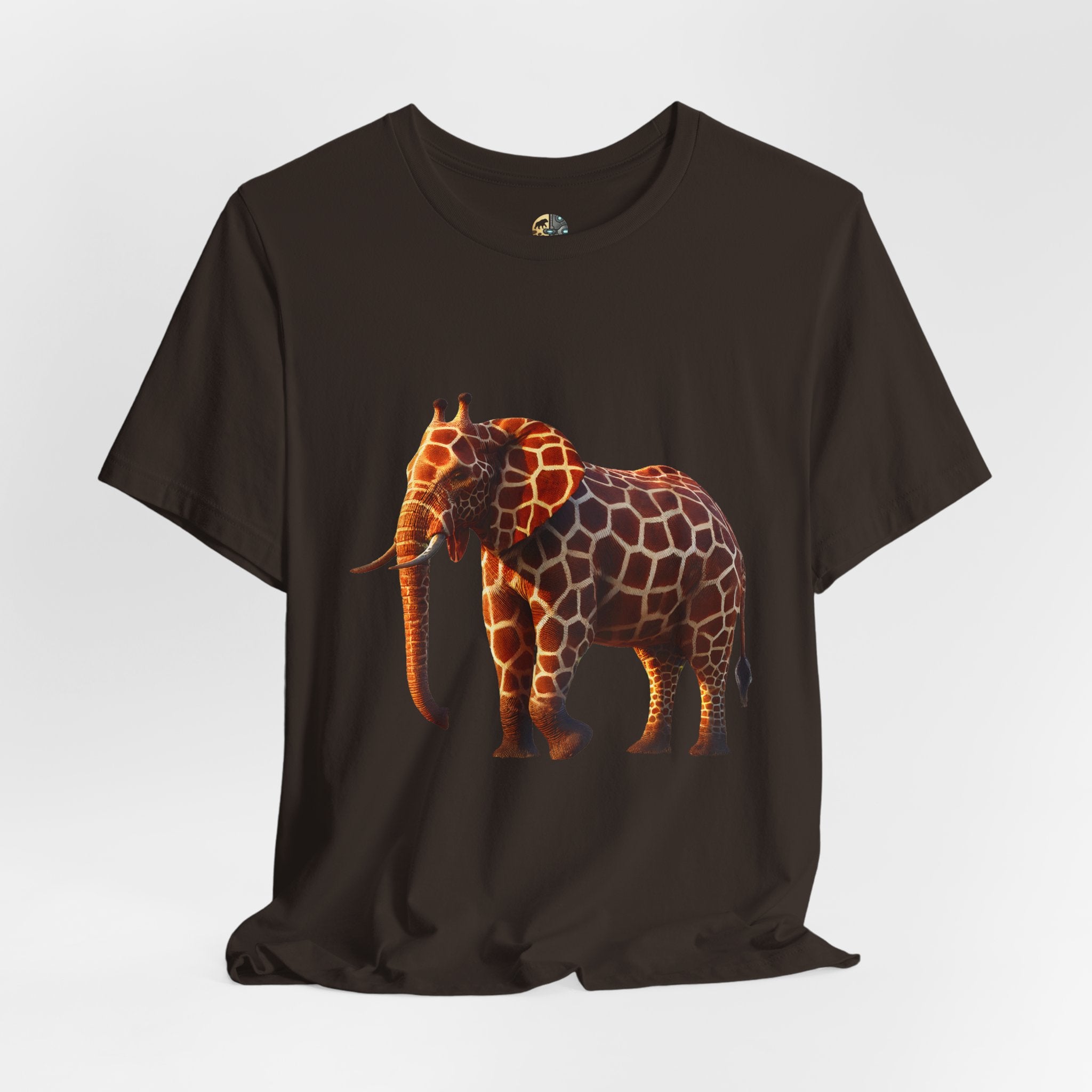 Brown T-shirt featuring an elephant–giraffe hybrid with giraffe patterns and small ossicones.