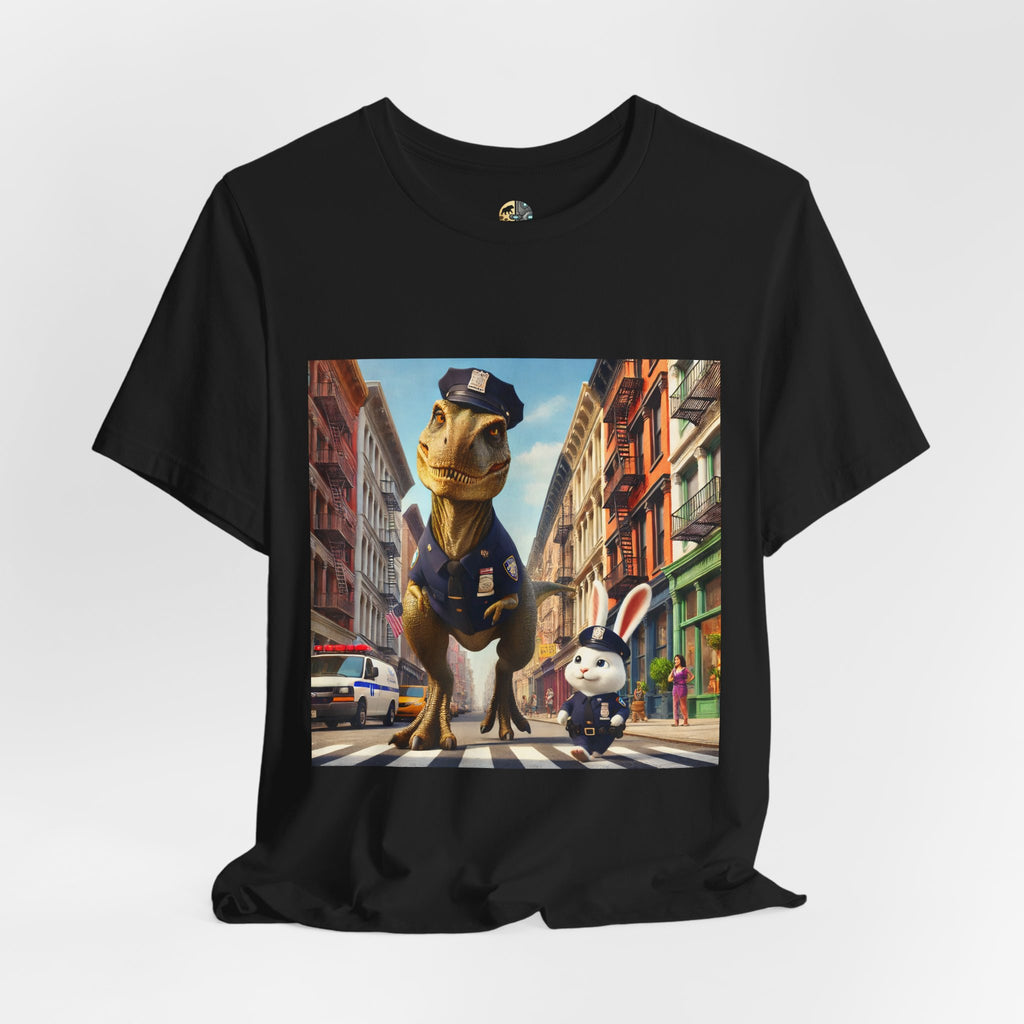 Black T-shirt showing a T-Rex and a bunny dressed as police officers standing together on a crosswalk in a New York–style urban setting