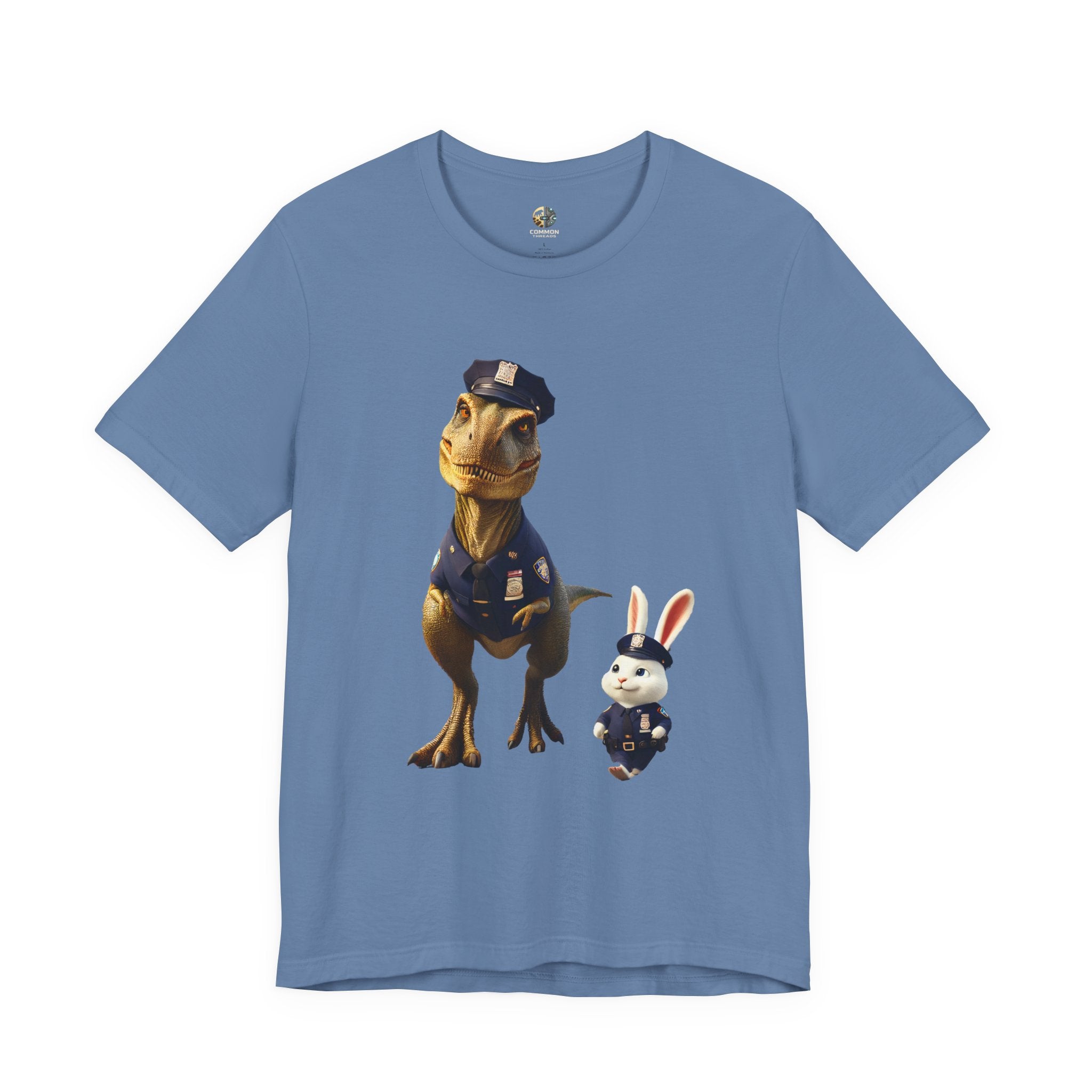 Lavender blue T-shirt showing a T-Rex and a bunny dressed as police officers standing together