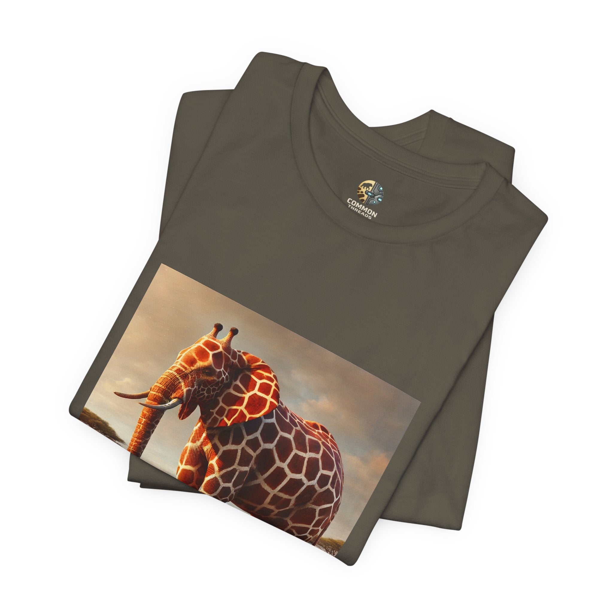 Folded army color T-shirt featuring a graphic of an elephant–giraffe hybrid with giraffe patterns and small ossicones, set against a savanna background