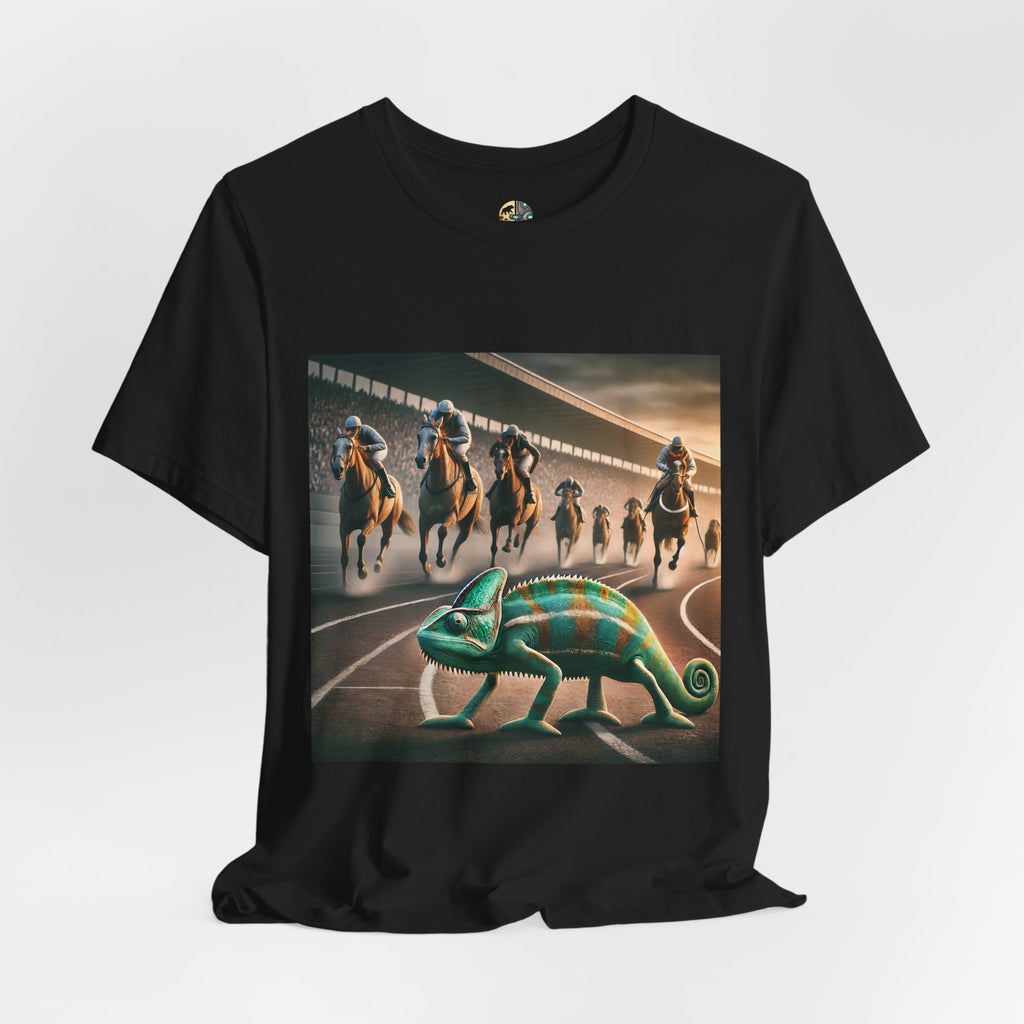 Black T-shirt featuring a chameleon on a racetrack with a pack of racehorses approaching from behind
