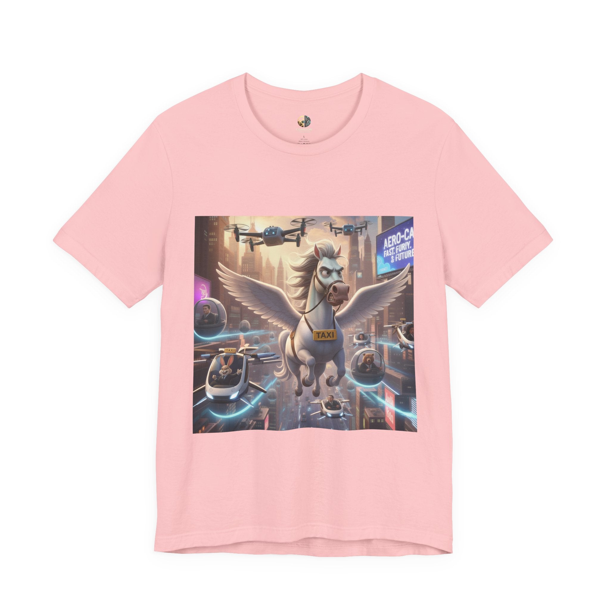 Pink t-shirt featuring a winged horse in a futuristic cityscape, with a sky full of airborne vehicles