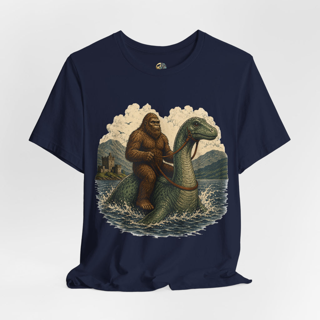 Navy blue t-shirt featuring bigfoot riding on the Loch Ness monster