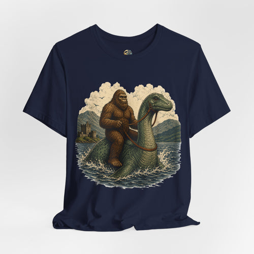 Navy blue t-shirt featuring bigfoot riding on the Loch Ness monster