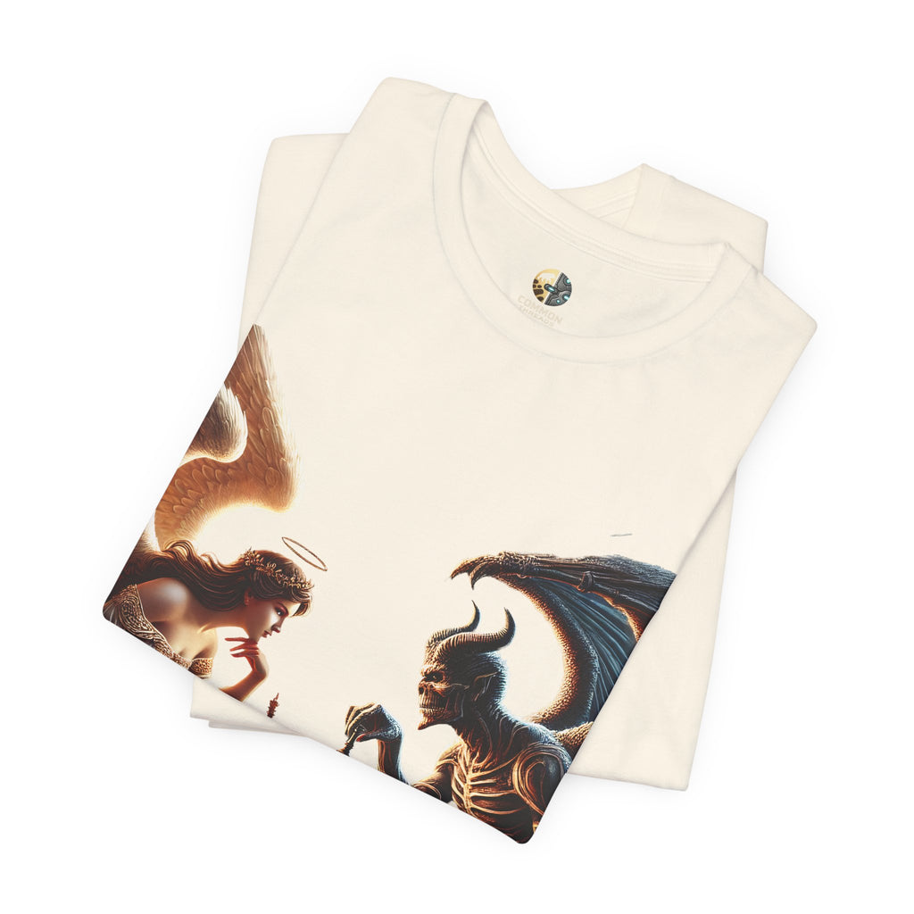 Folded natural color T-shirt featuring a graphic of an angel and a demon playing chess, with a golden king piece levitating