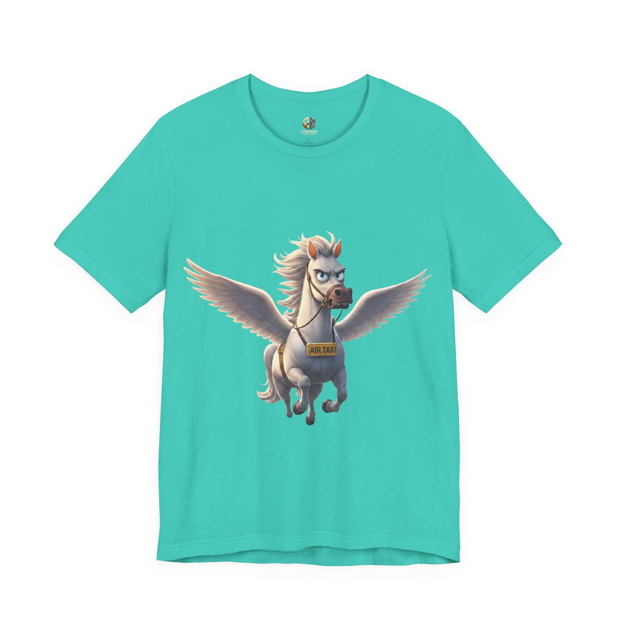 Teal t-shirt featuring a cartoon pegasus wearing a sign that reads “Air Taxi”