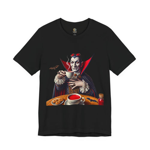 Black T-shirt featuring a classic vampire dressed like Count Dracula sitting at a table, wearing red sunglasses and drinking from a teacup filled with red liquid