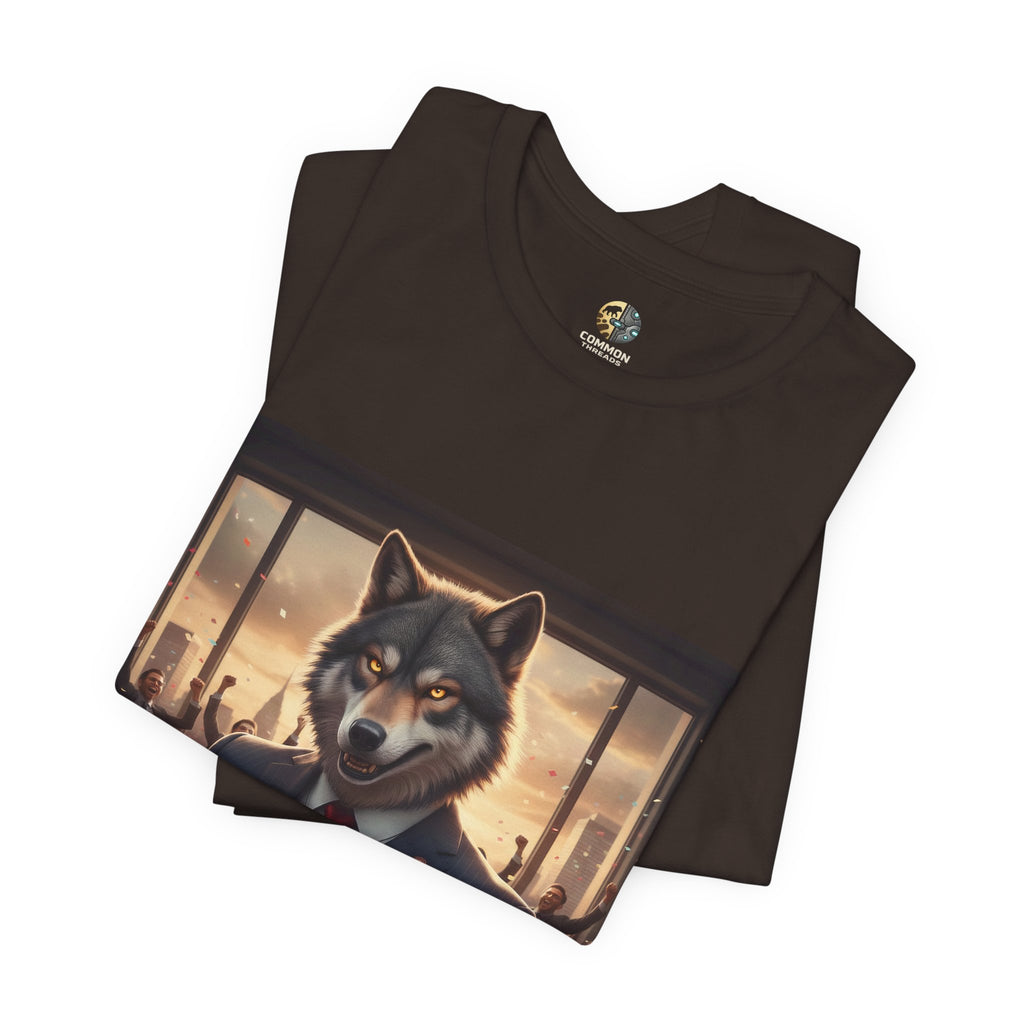Folded brown T-shirt featuring a graphic of a wolf dressed as a stockbroker in a suit and red tie, standing in a high-rise office with celebrating traders in the background