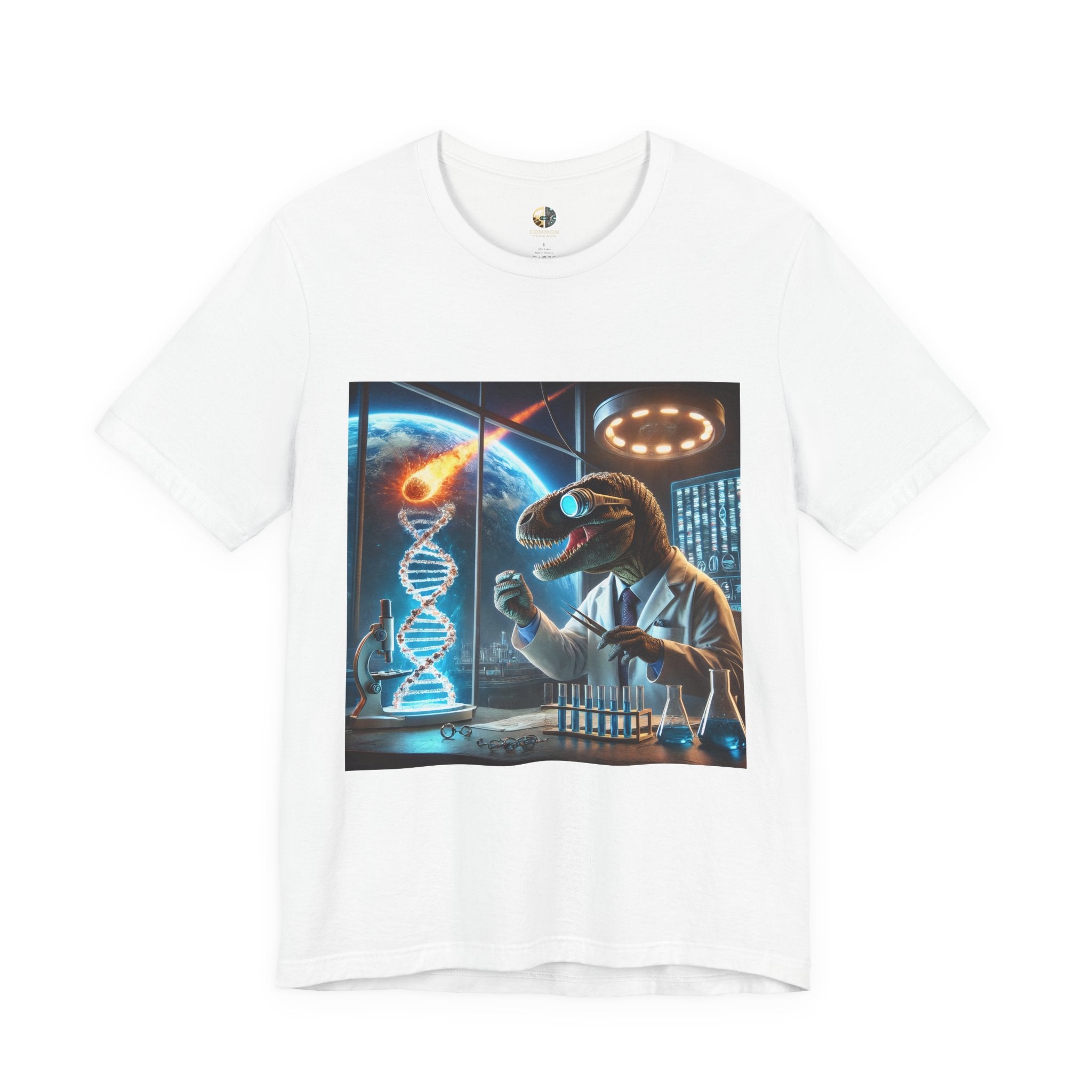 White t-shirt featuring a dinosaur in a space lab conducting experiments, with Earth visible outside being hit by a meteor