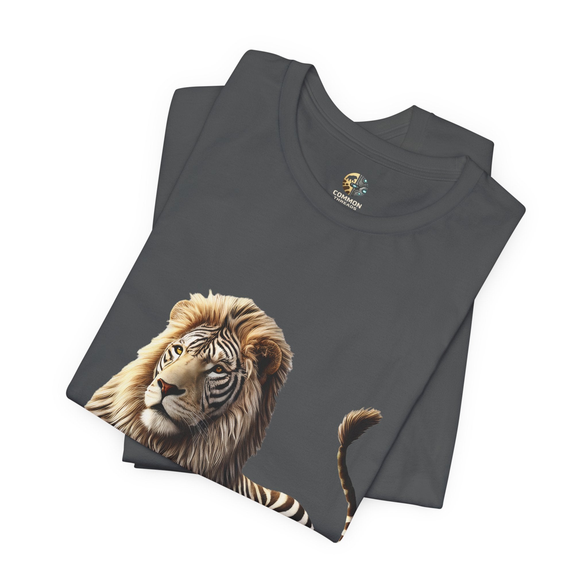 Folded asphalt grey T-shirt with graphic of a lion with zebra stripes
