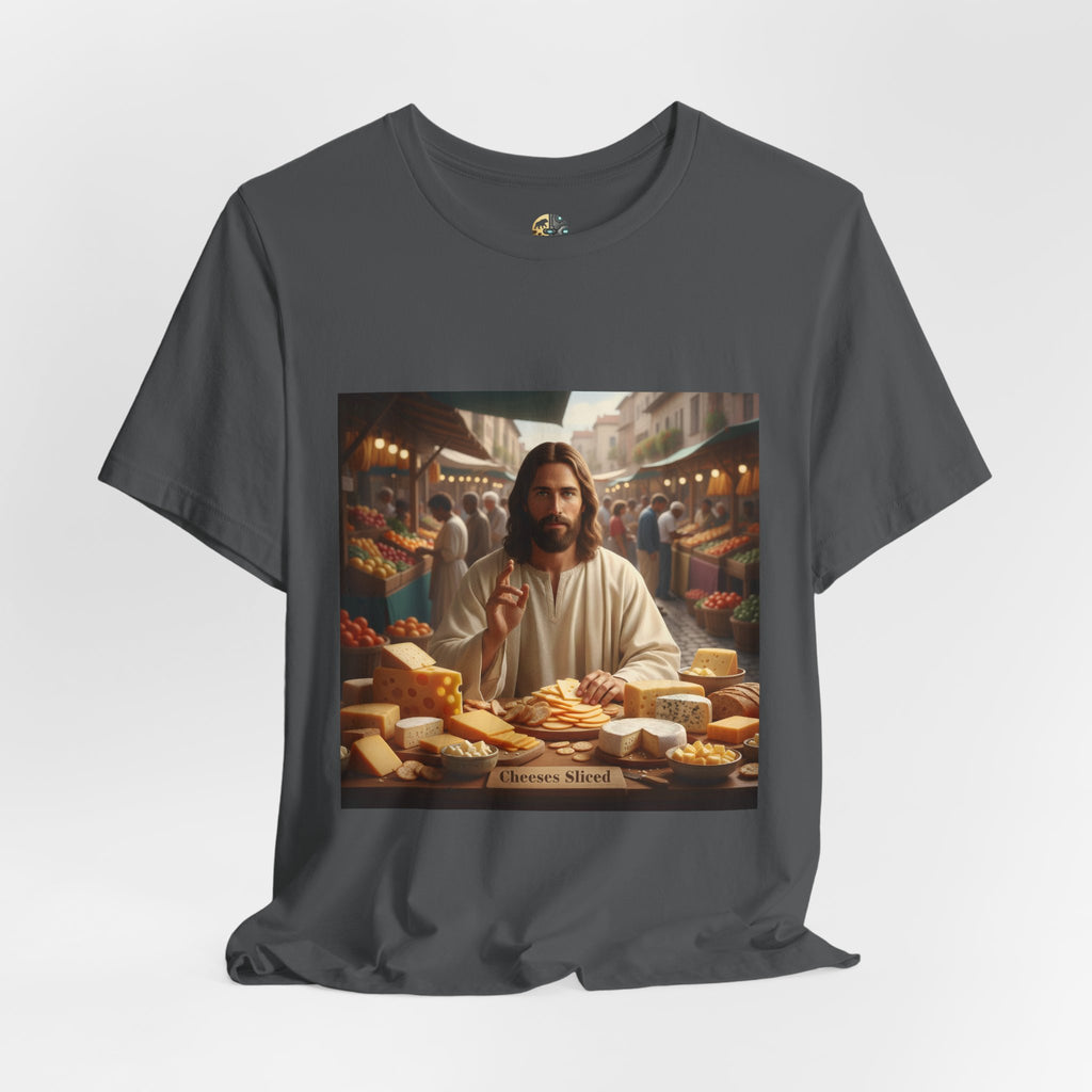 Asphalt grey T-shirt featuring a graphic of Jesus in traditional robes at an ancient marketplace selling assorted cheeses, with a sign reading ‘Cheeses Sliced‘
