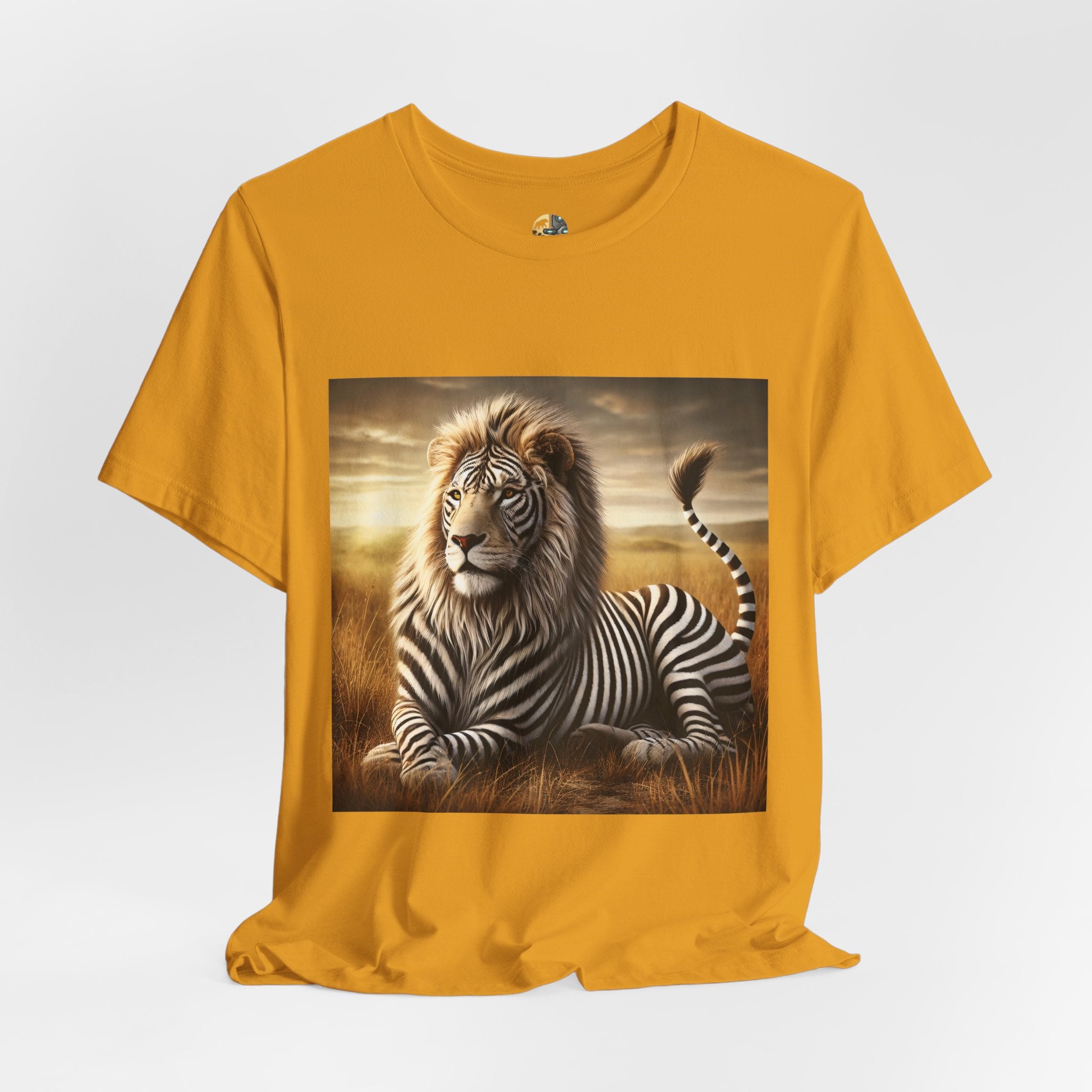 Mustard yellow T-shirt featuring a lion with distinctive zebra-like stripes lying on dry savanna grass under a clear sky