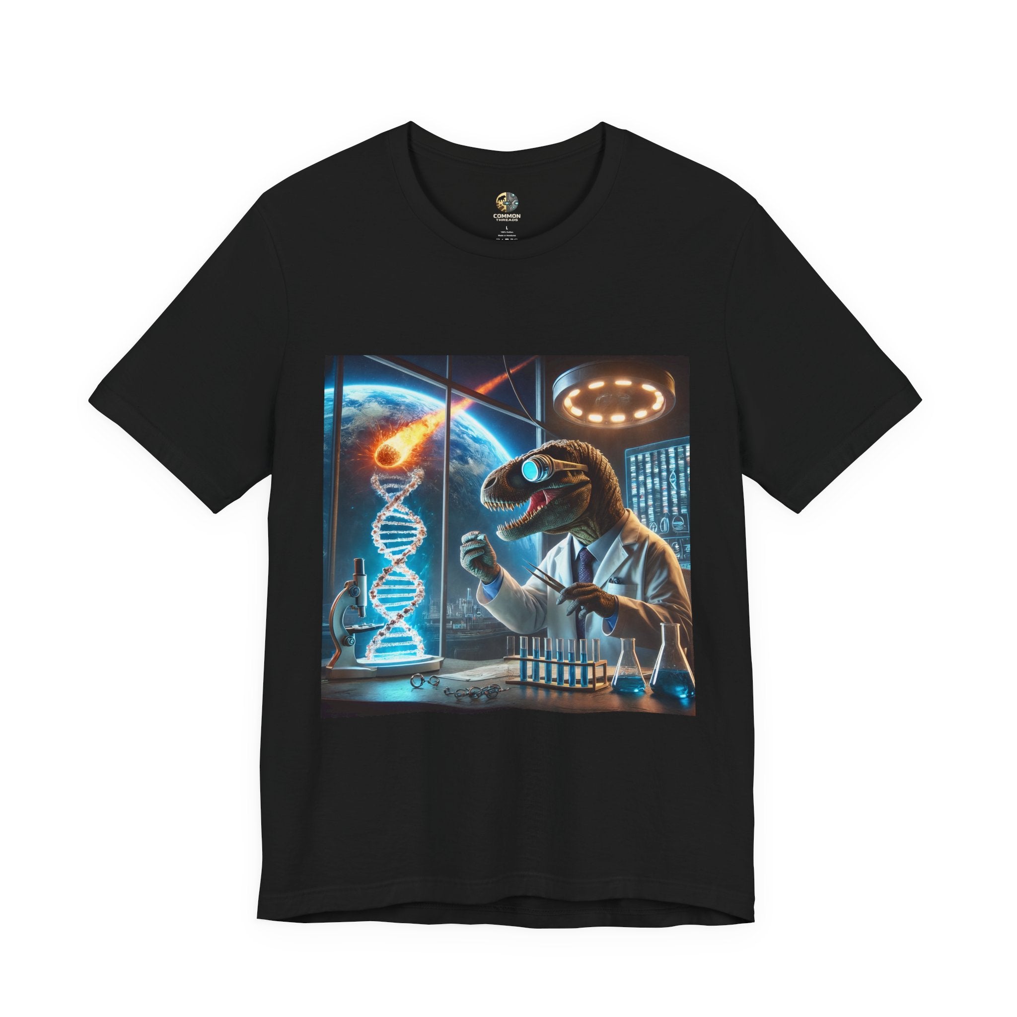 Black t-shirt featuring a dinosaur in a space lab conducting experiments, with Earth visible outside being hit by a meteor