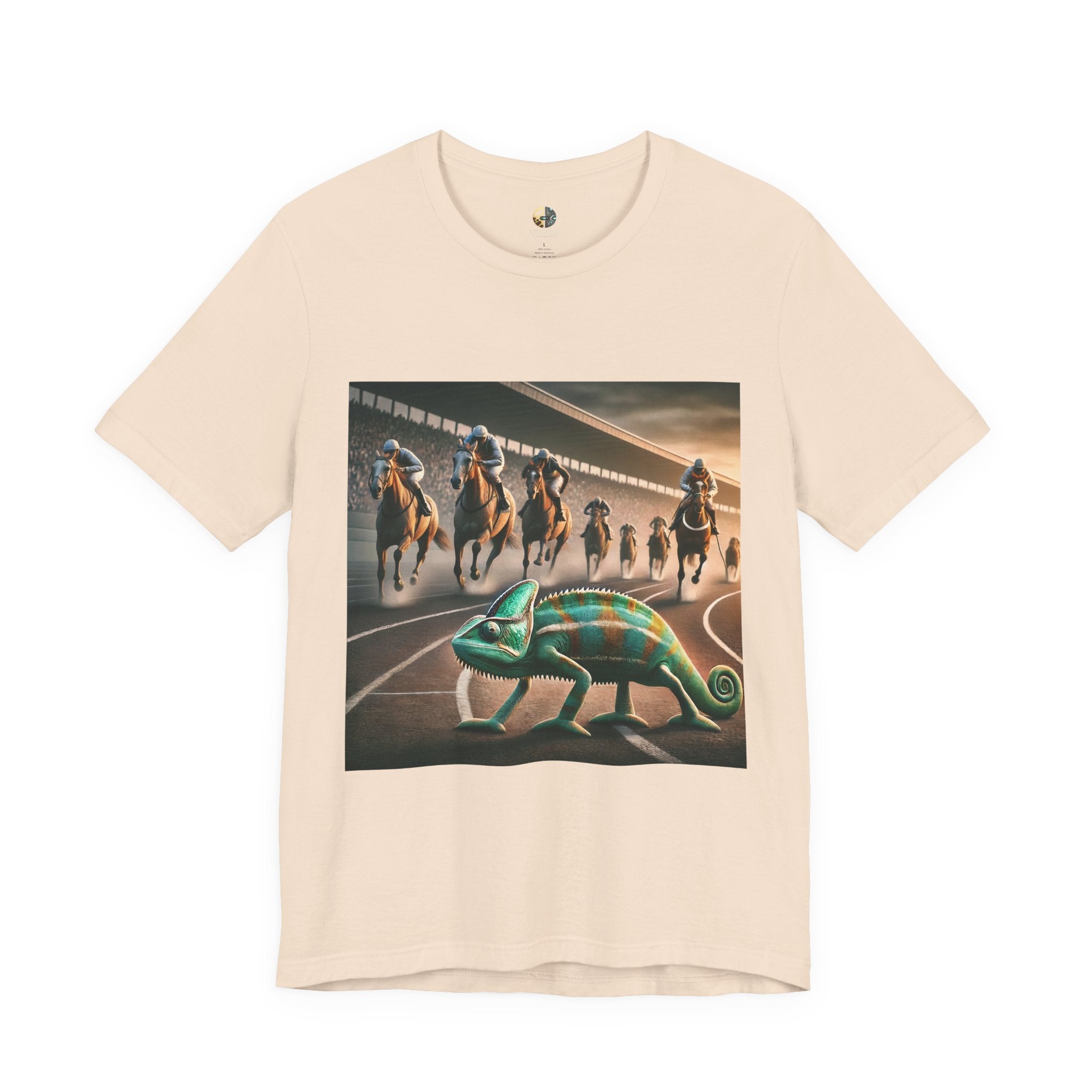 Soft creme T-shirt featuring a chameleon on a racetrack with a pack of racehorses approaching from behind