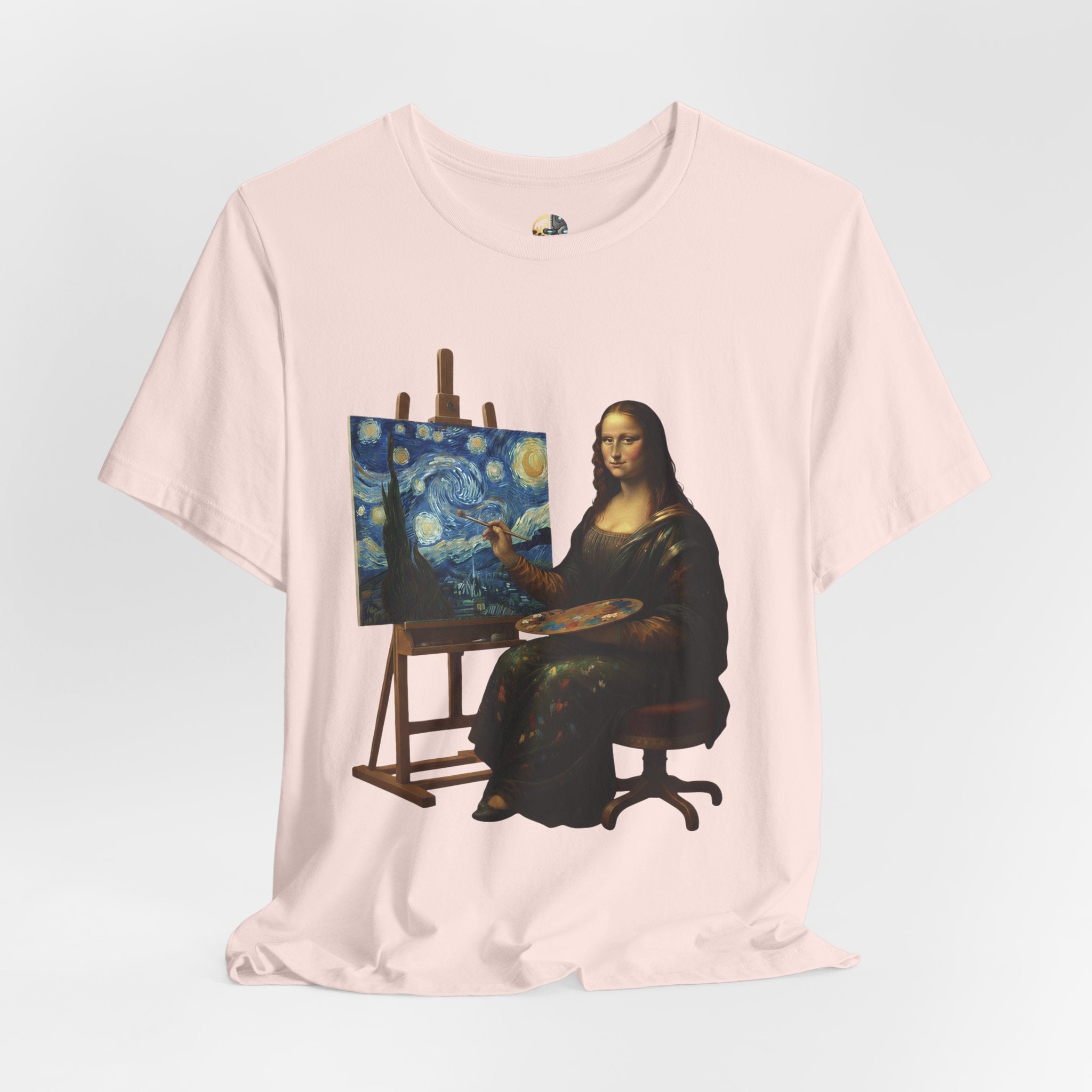 Soft pink t-shirt with a graphic of the Mona Lisa painting ‘The Starry Night’
