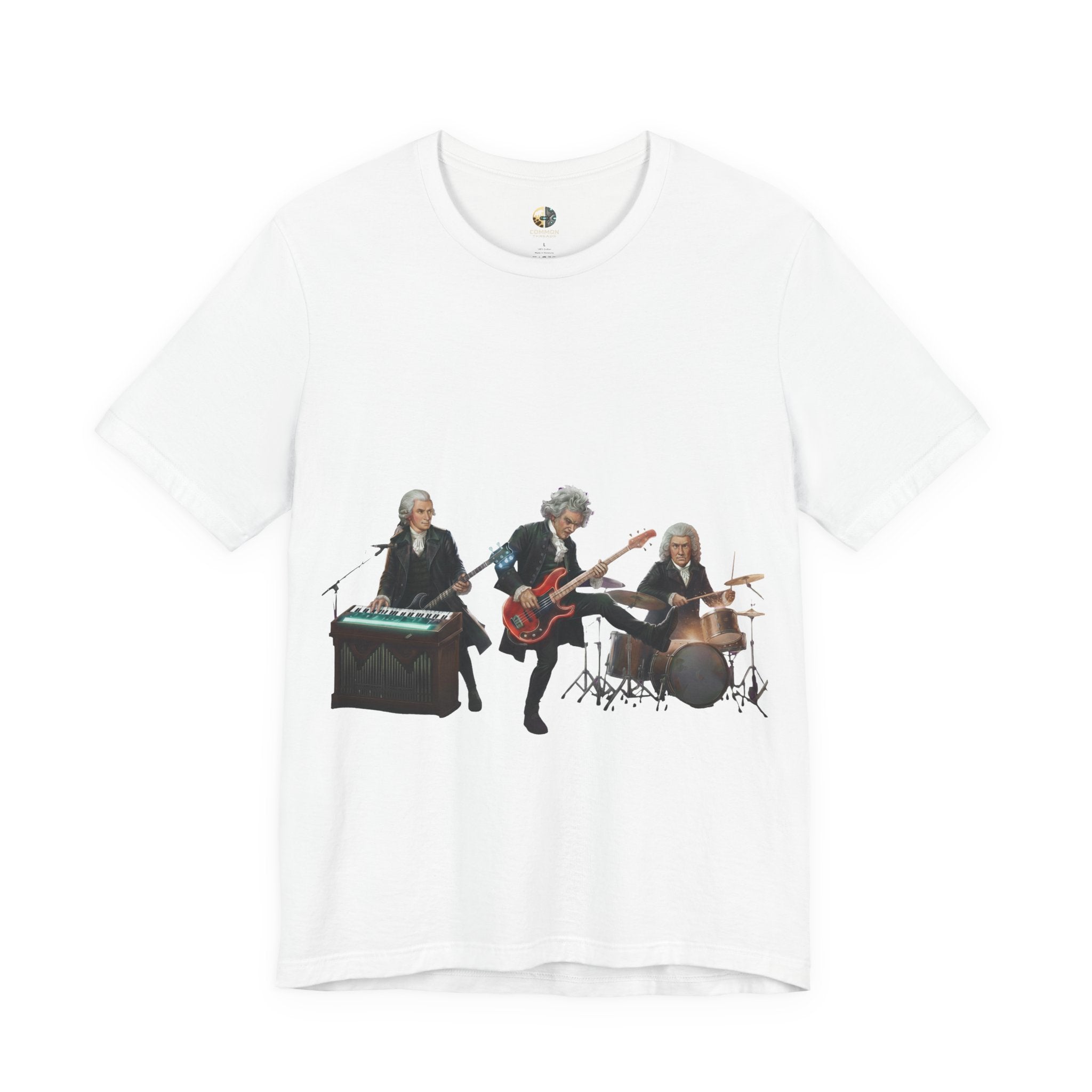 White t-shirt featuring Mozart on bass and keyboard, Beethoven on electric guitar, and Bach on drums in a rock band scene