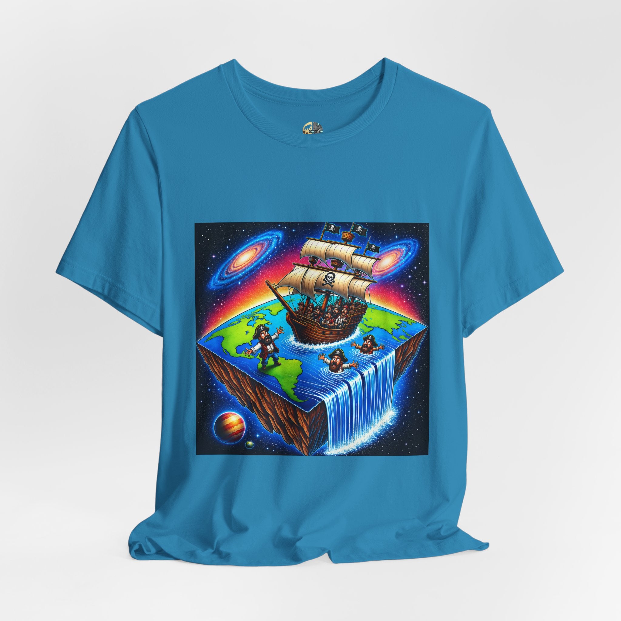 Aqua T-shirt featuring a graphic of pirates on a ship sailing toward the edge of a flat Earth with a large waterfall into space