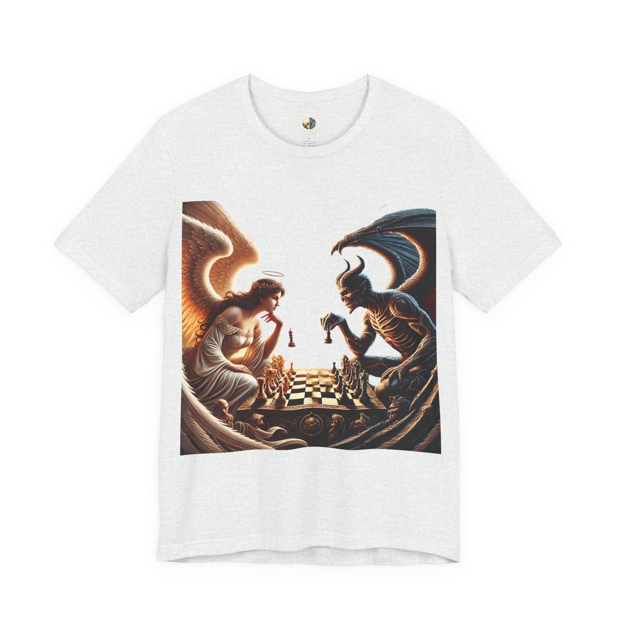 Ash color T-shirt featuring a graphic of an angel and a demon playing chess, with a golden king piece levitating