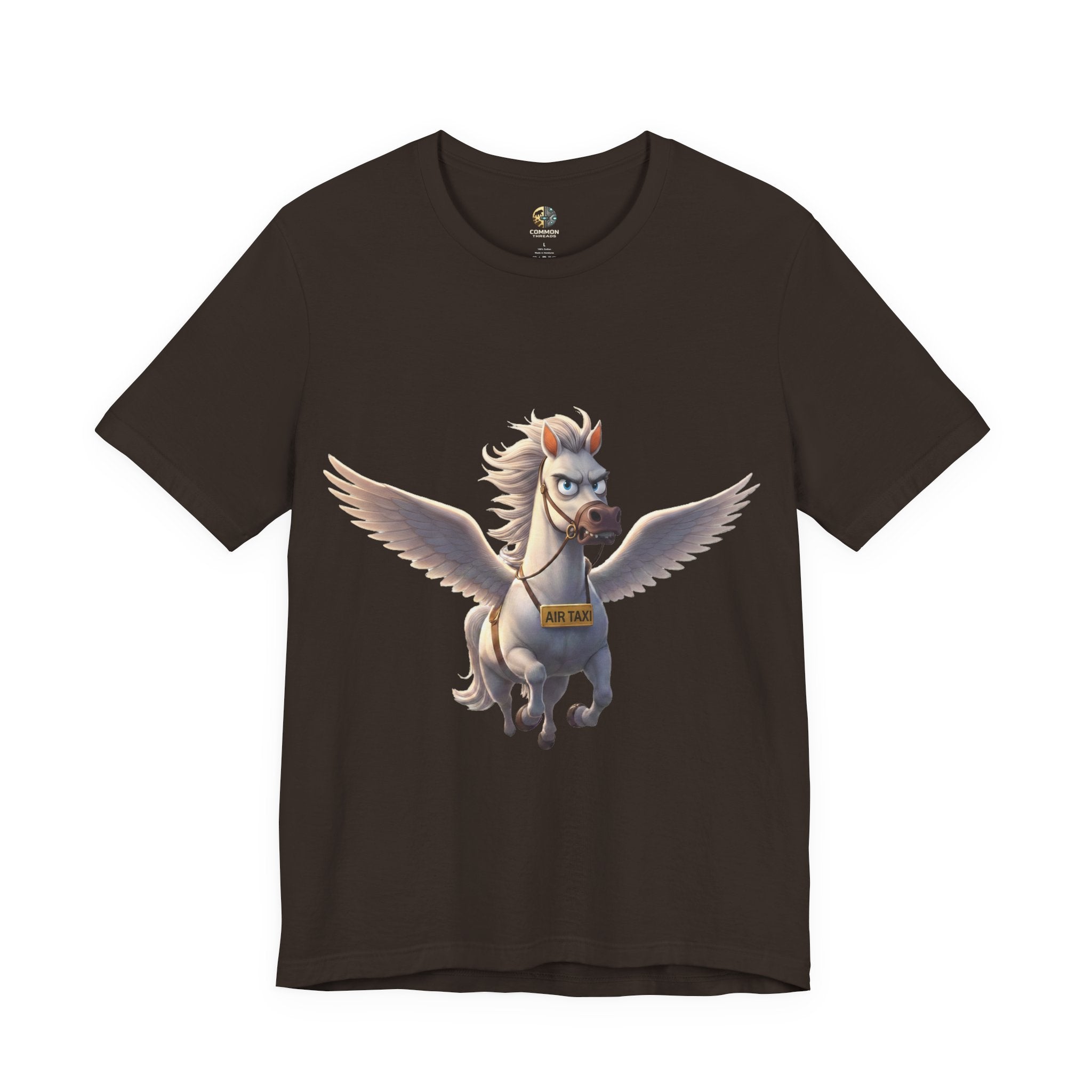Brown t-shirt featuring a cartoon pegasus wearing a sign that reads “Air Taxi”