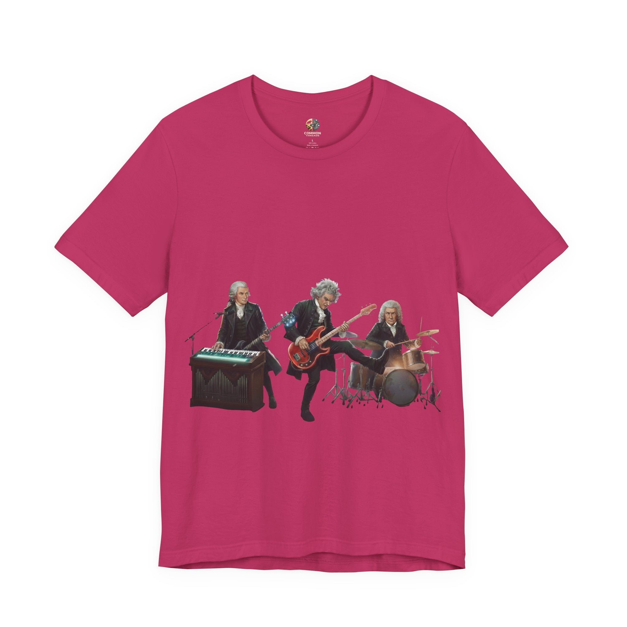 Berry color t-shirt featuring Mozart on bass and keyboard, Beethoven on electric guitar, and Bach on drums in a rock band scene