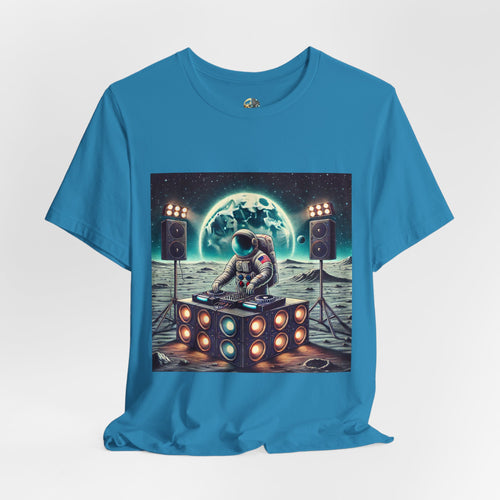 Aqua blue T-shirt with graphic of an astronaut on the moon DJing with large speakers, with Earth visible in the starry sky