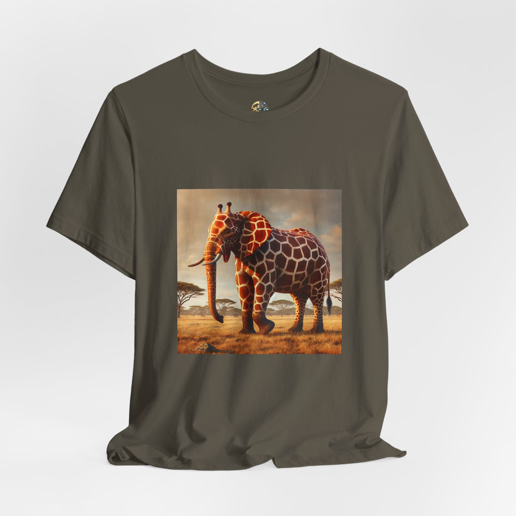 Army color T-shirt featuring a graphic of an elephant–giraffe hybrid with giraffe patterns and small ossicones, set against a savanna background