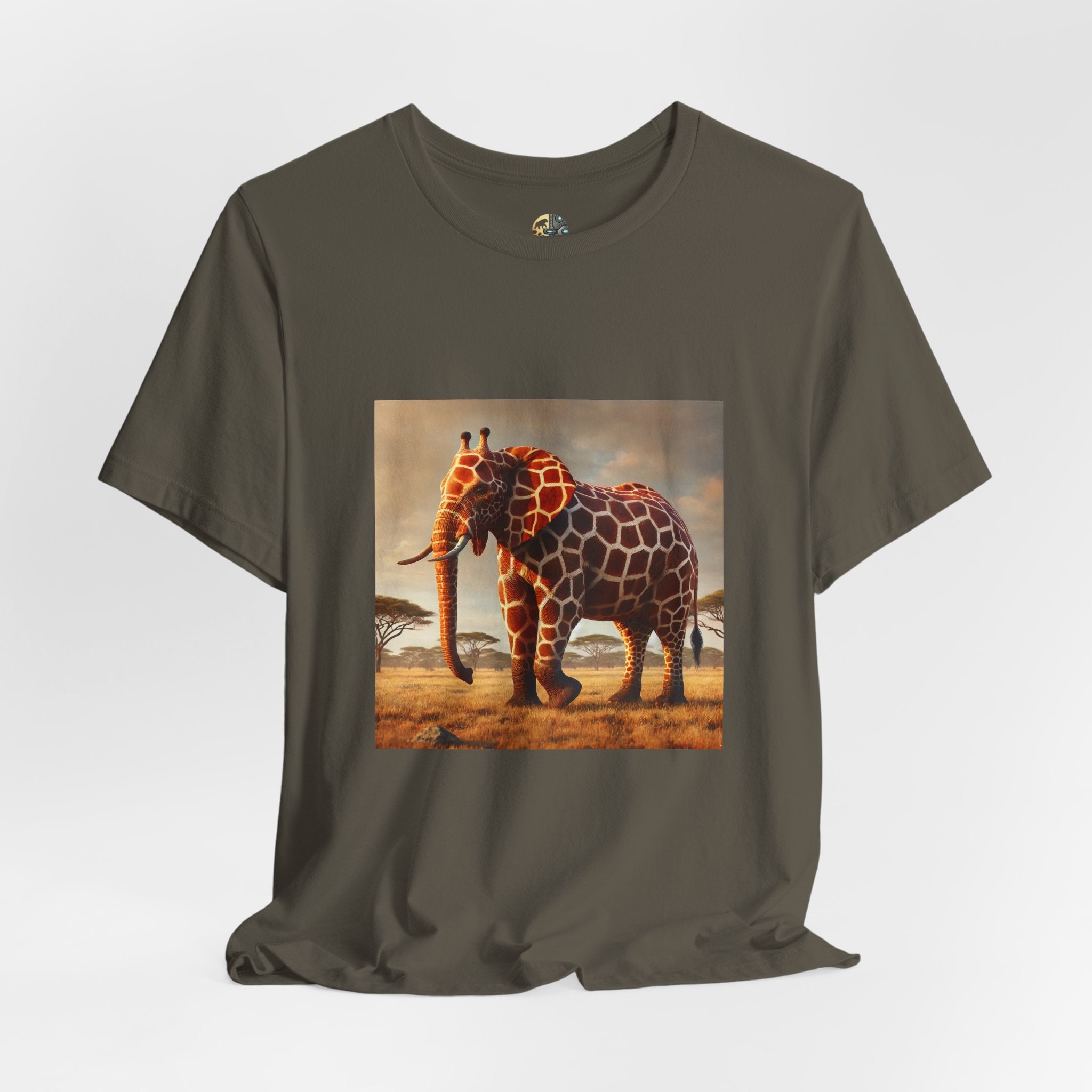 Army color T-shirt featuring a graphic of an elephant–giraffe hybrid with giraffe patterns and small ossicones, set against a savanna background