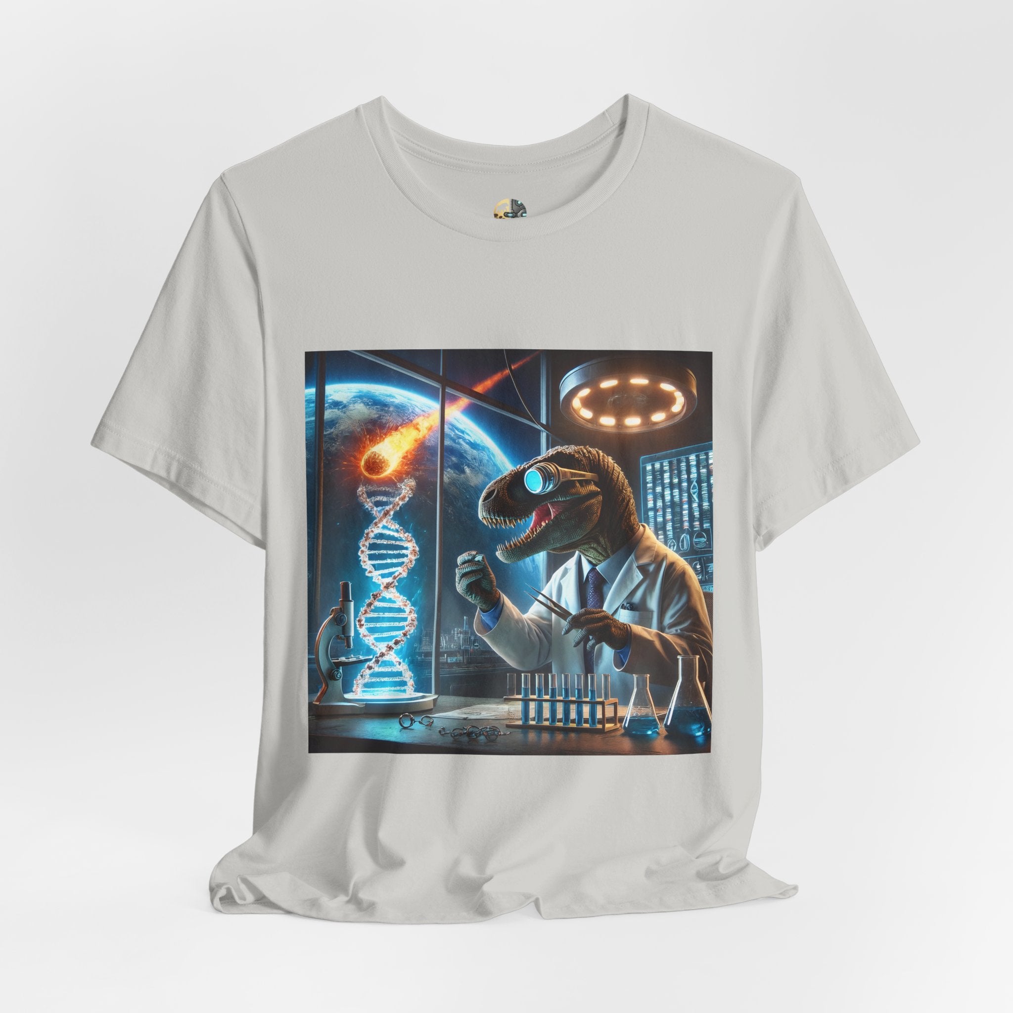 Silver t-shirt featuring a dinosaur in a space lab conducting experiments, with Earth visible outside being hit by a meteor