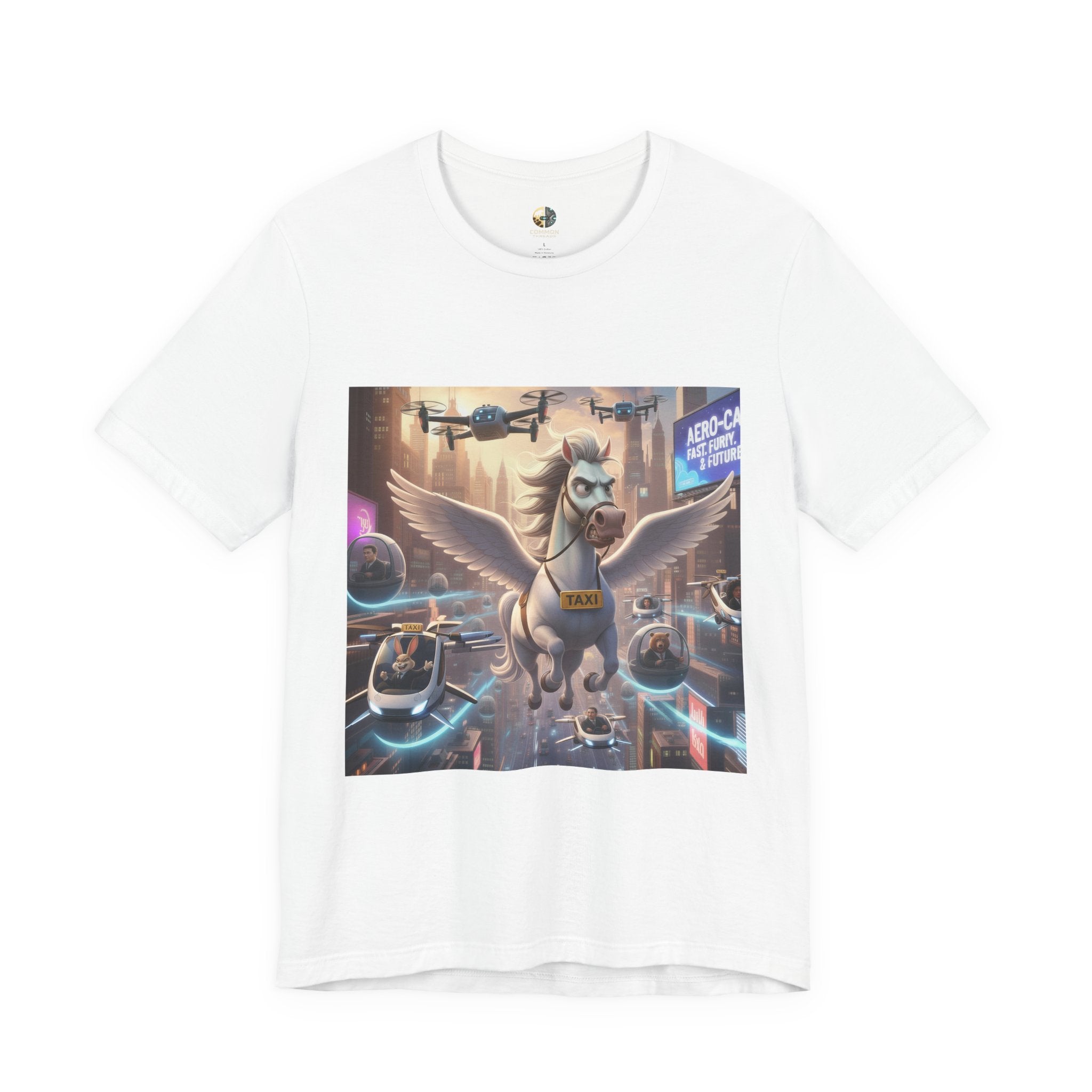 White t-shirt featuring a winged horse in a futuristic cityscape, with a sky full of airborne vehicles