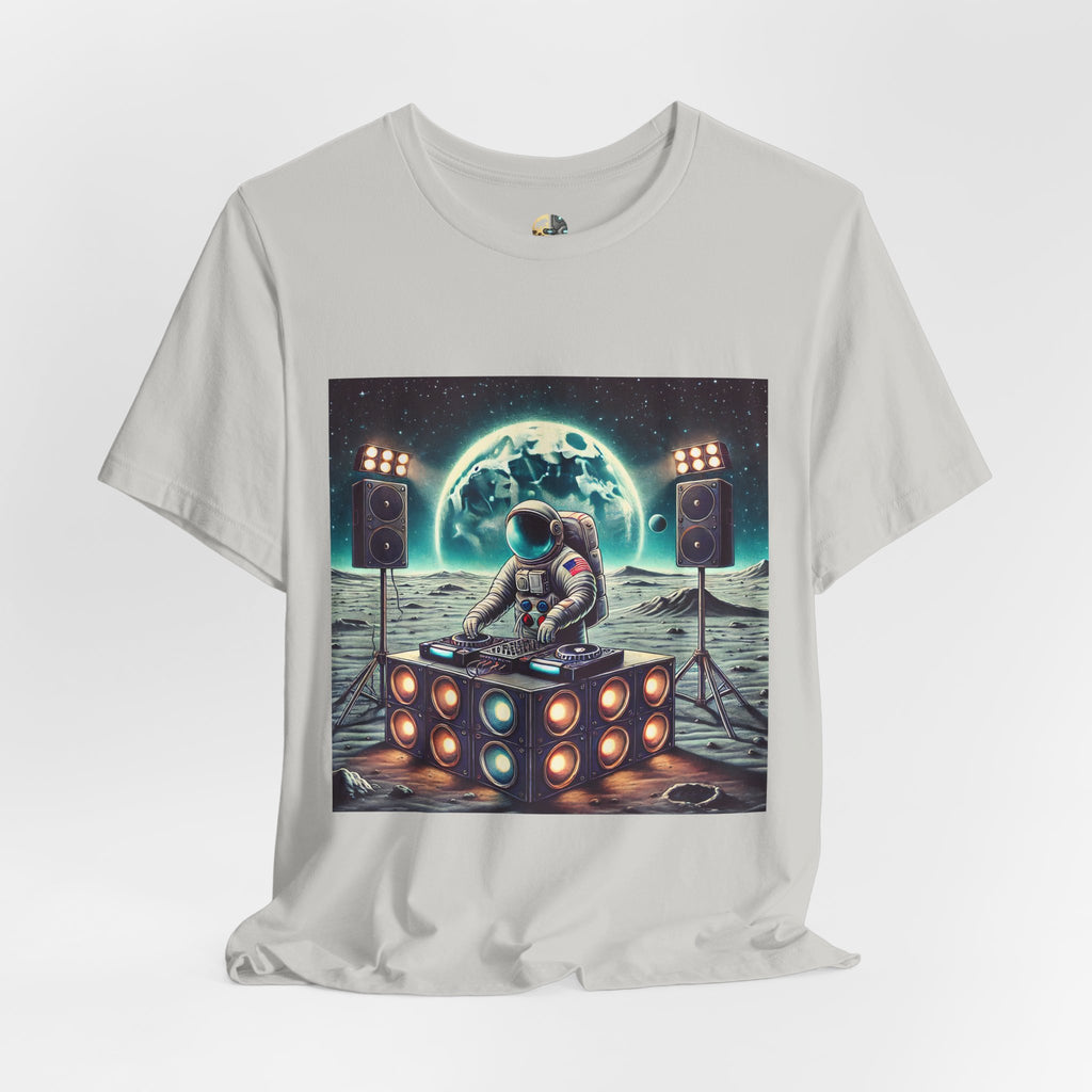 Silver T-shirt with graphic of an astronaut on the moon DJing with large speakers, with Earth visible in the starry sky