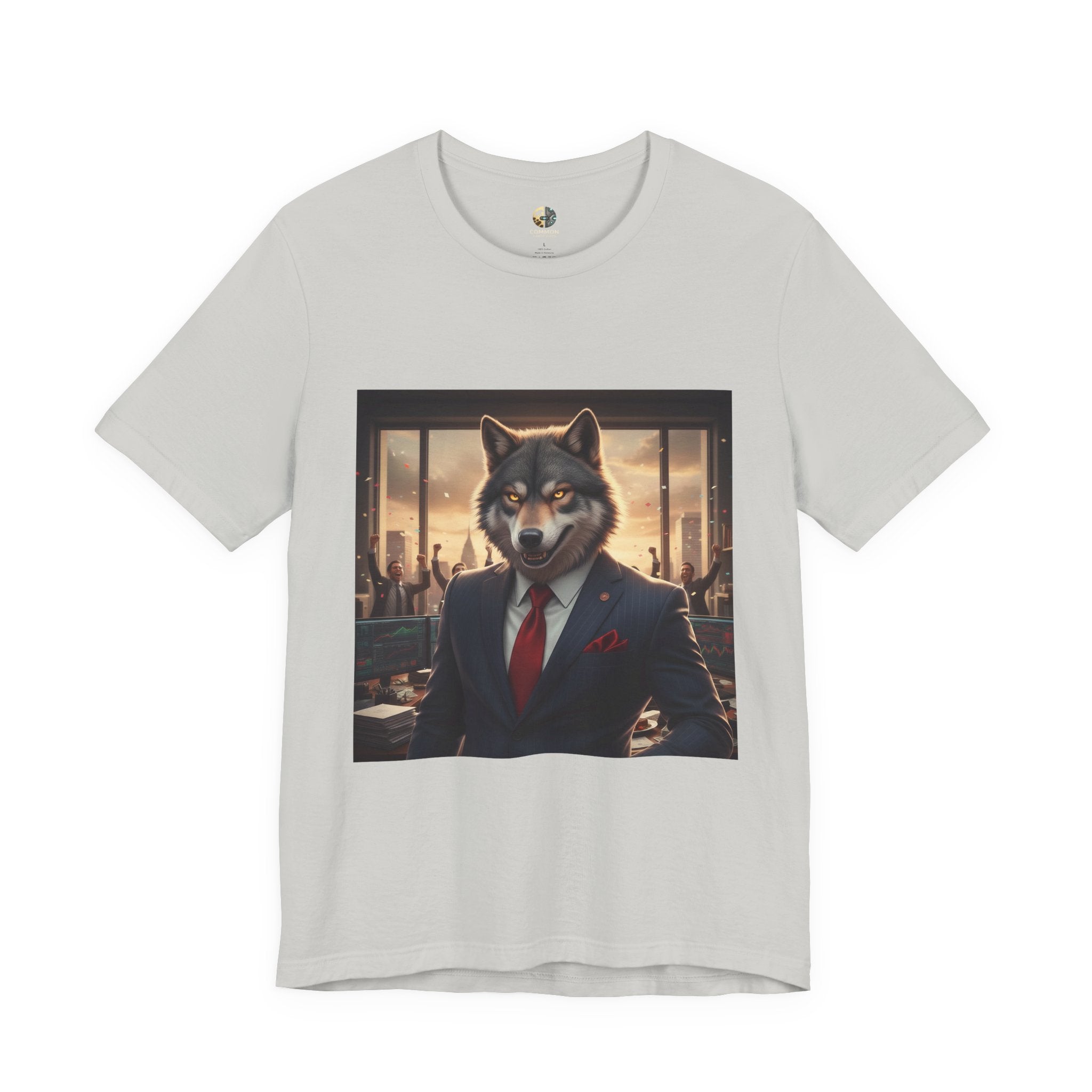 Silver T-shirt featuring a graphic of a wolf dressed as a stockbroker in a suit and red tie, standing in a high-rise office with celebrating traders in the background