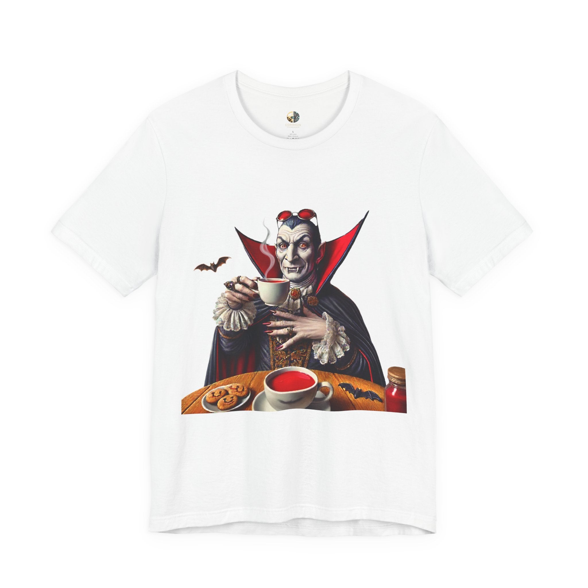 White T-shirt featuring a classic vampire dressed like Count Dracula sitting in a café, wearing red sunglasses and drinking from a teacup filled with red liquid