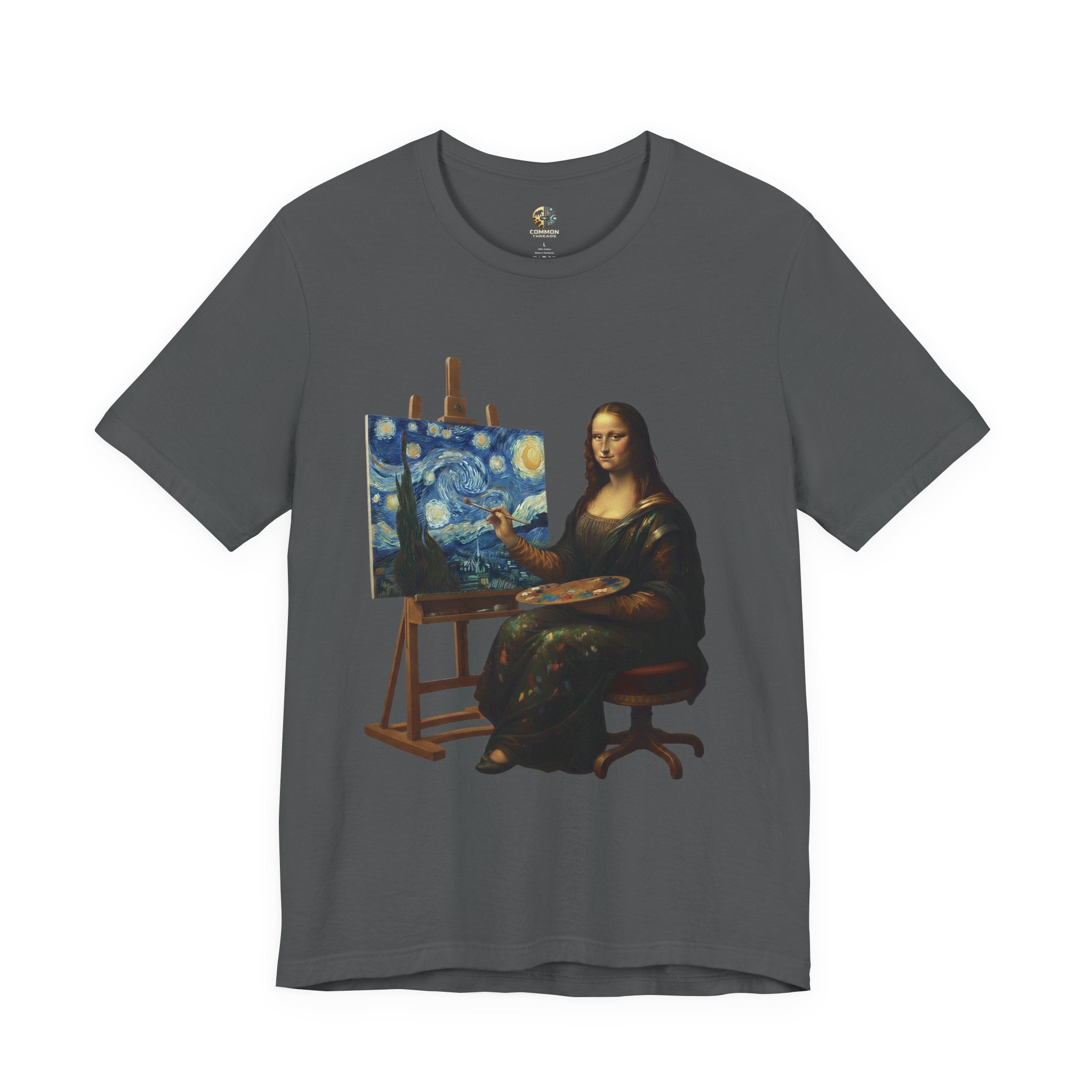 Asphalt grey color t-shirt with a graphic of the Mona Lisa painting ‘The Starry Night’