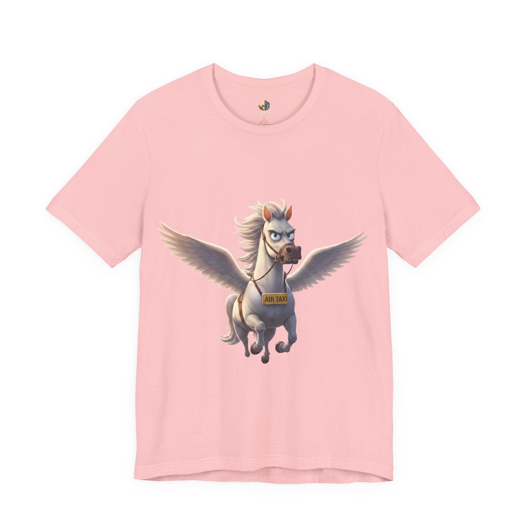 Pink t-shirt featuring a cartoon pegasus wearing a sign that reads “Air Taxi”