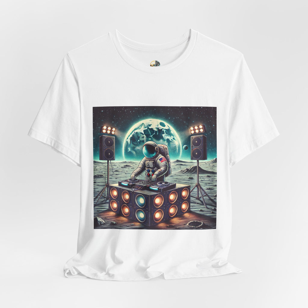 White T-shirt with graphic of an astronaut on the moon DJing with large speakers, with Earth visible in the starry sky