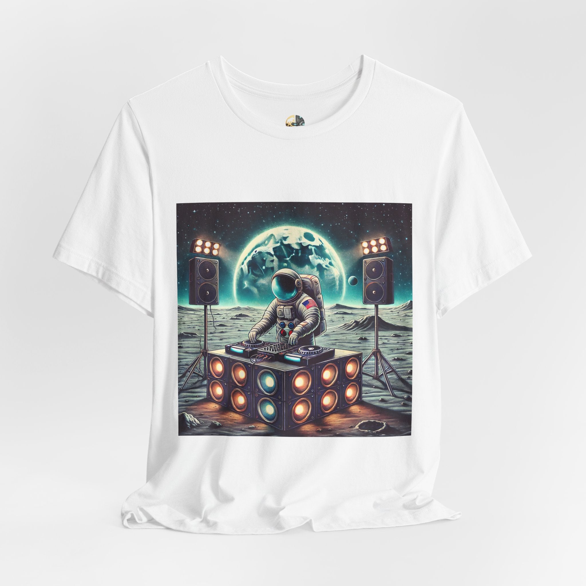 White T-shirt with graphic of an astronaut on the moon DJing with large speakers, with Earth visible in the starry sky