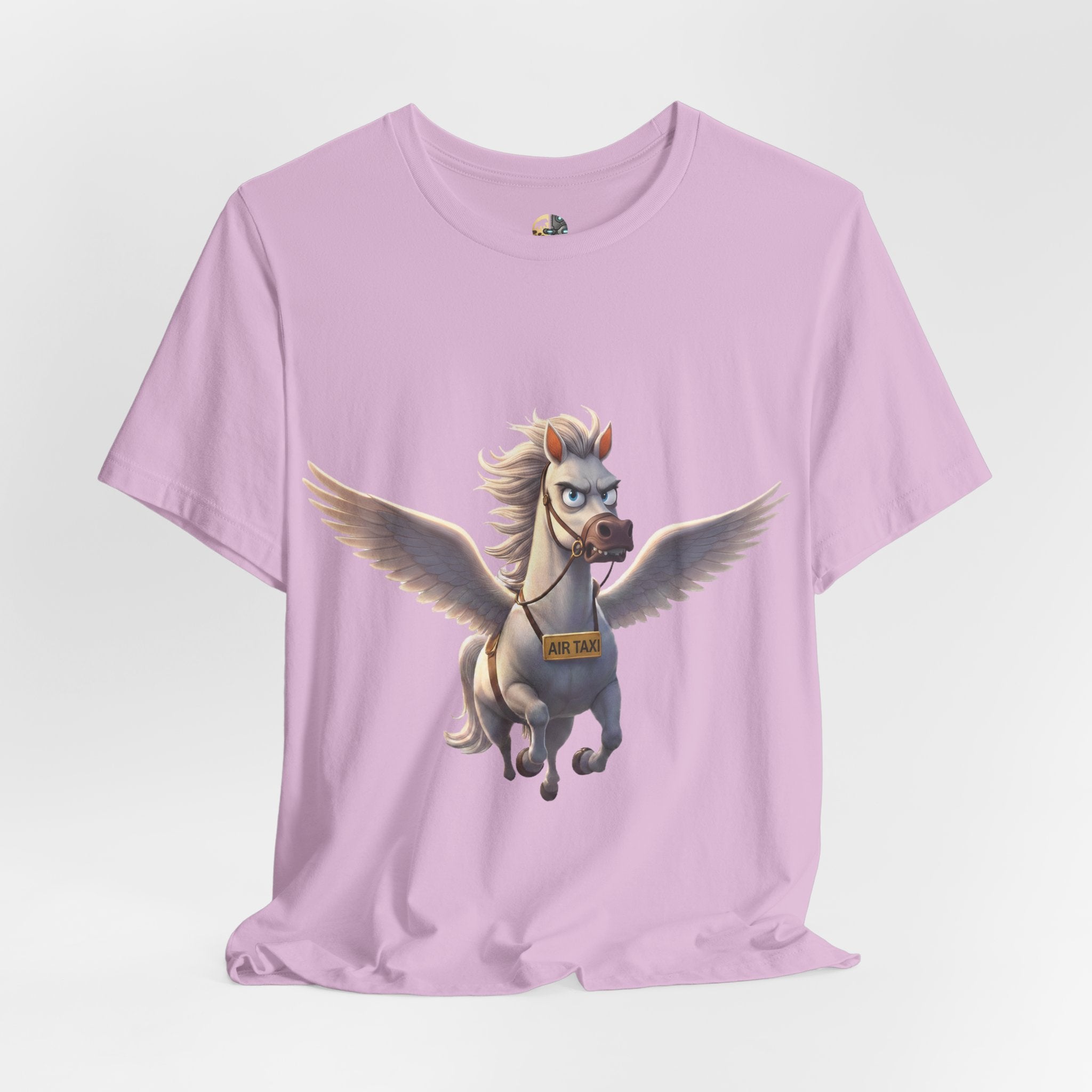 Lilac t-shirt featuring a cartoon pegasus wearing a sign that reads “Air Taxi”