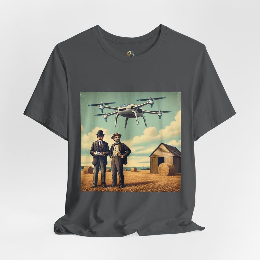 Asphalt grey T-shirt featuring a graphic of the Wright brothers standing in a hayfield operating a modern quadcopter drone