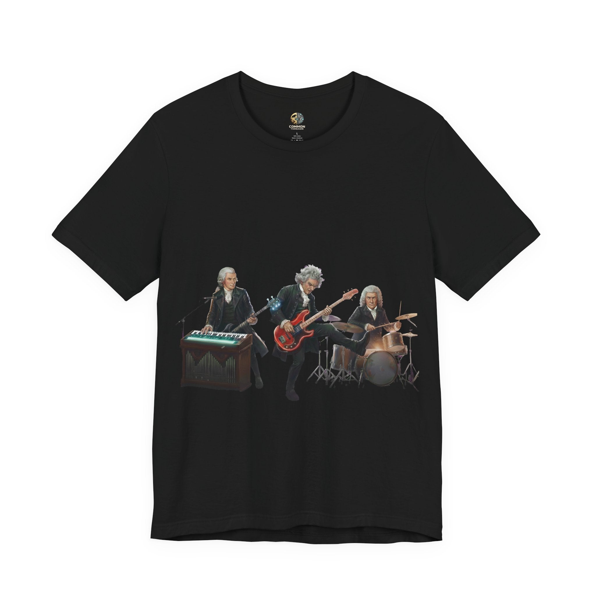 Black t-shirt featuring Mozart on bass and keyboard, Beethoven on electric guitar, and Bach on drums in a rock band scene