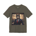 Army color T-shirt featuring a graphic of a wolf dressed as a stockbroker in a suit and red tie, standing in a high-rise office with celebrating traders in the background