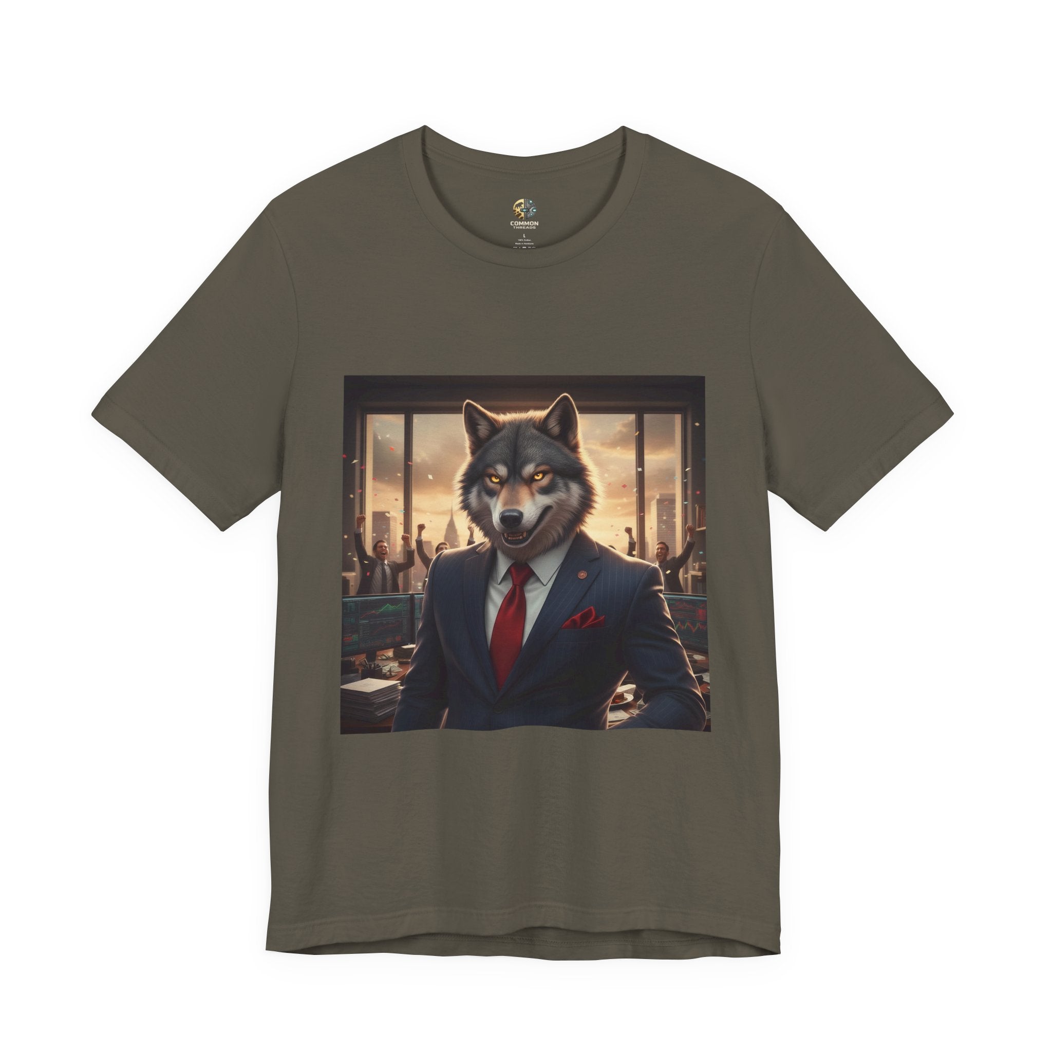 Army color T-shirt featuring a graphic of a wolf dressed as a stockbroker in a suit and red tie, standing in a high-rise office with celebrating traders in the background