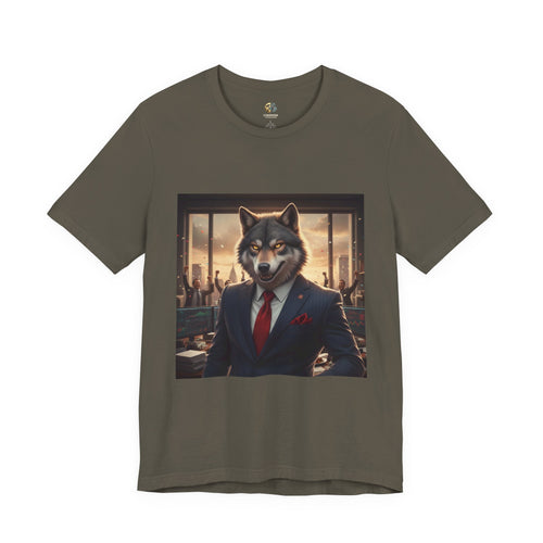Army color T-shirt featuring a graphic of a wolf dressed as a stockbroker in a suit and red tie, standing in a high-rise office with celebrating traders in the background