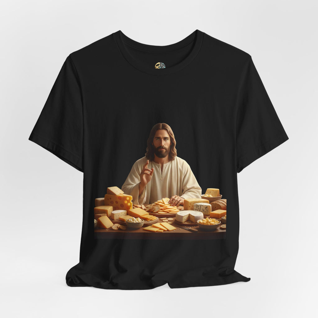 Black T-shirt featuring a graphic of Jesus in traditional robes seated before a table filled with various cheeses, referencing a ‘Cheeses Sliced’ wordplay