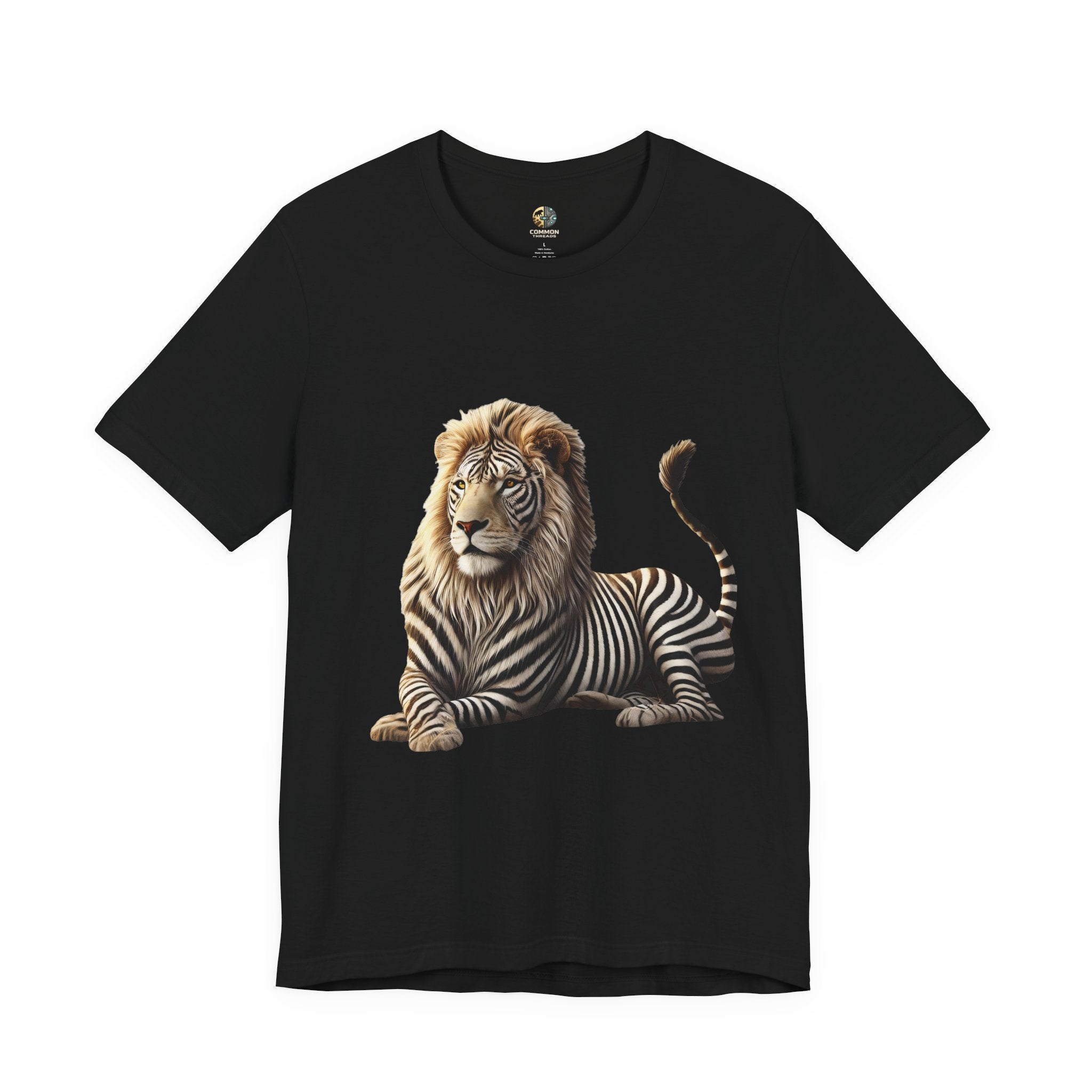 Black T-shirt with graphic of a lion with zebra stripes