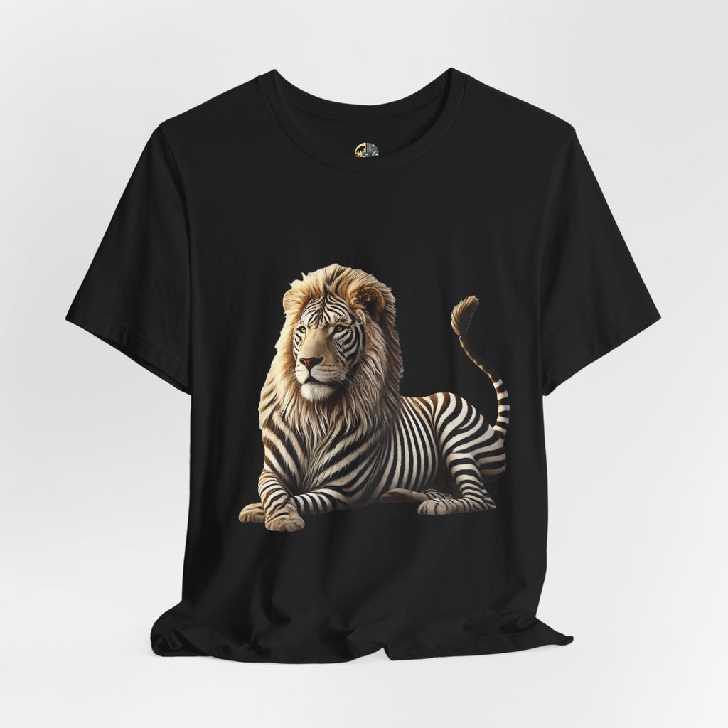 Black T-shirt with graphic of a lion with zebra stripes