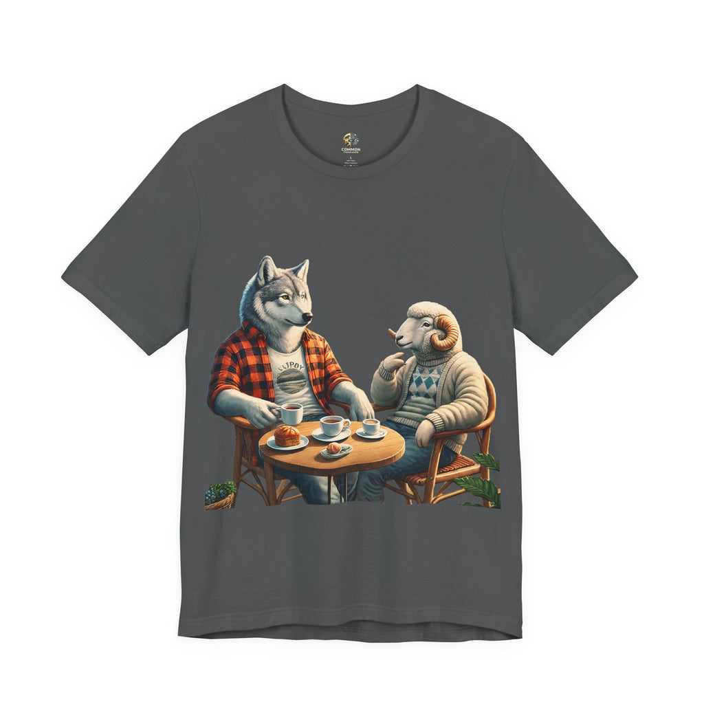 Asphalt grey T-shirt featuring an anthropomorphic wolf in a flannel shirt and a ram in a patterned sweater sitting at a café table with coffee