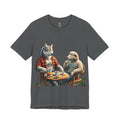 Asphalt grey T-shirt featuring an anthropomorphic wolf in a flannel shirt and a ram in a patterned sweater sitting at a café table with coffee